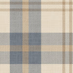 Blue and cream plaid wallpaper close-up with woven texture, modern tartan pattern for neutral home decor.