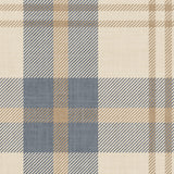 Blue and cream plaid wallpaper close-up with woven texture, modern tartan pattern for neutral home decor.