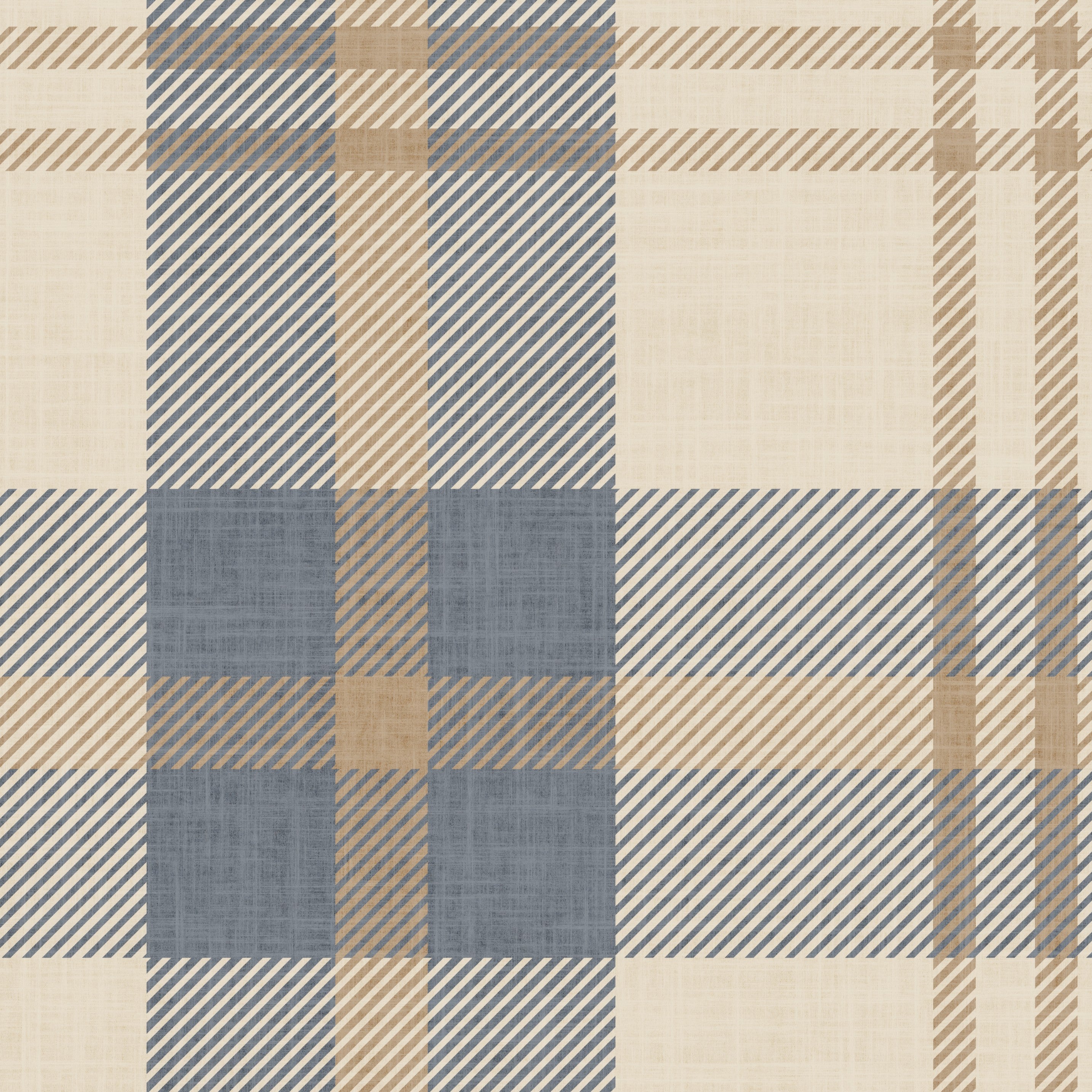 Blue and cream plaid wallpaper close-up with woven texture, modern tartan pattern for neutral home decor.