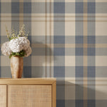 Blue and cream plaid repeat pattern sample showing checkered layout and soft neutral tones.