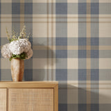 Blue and cream plaid repeat pattern sample showing checkered layout and soft neutral tones.