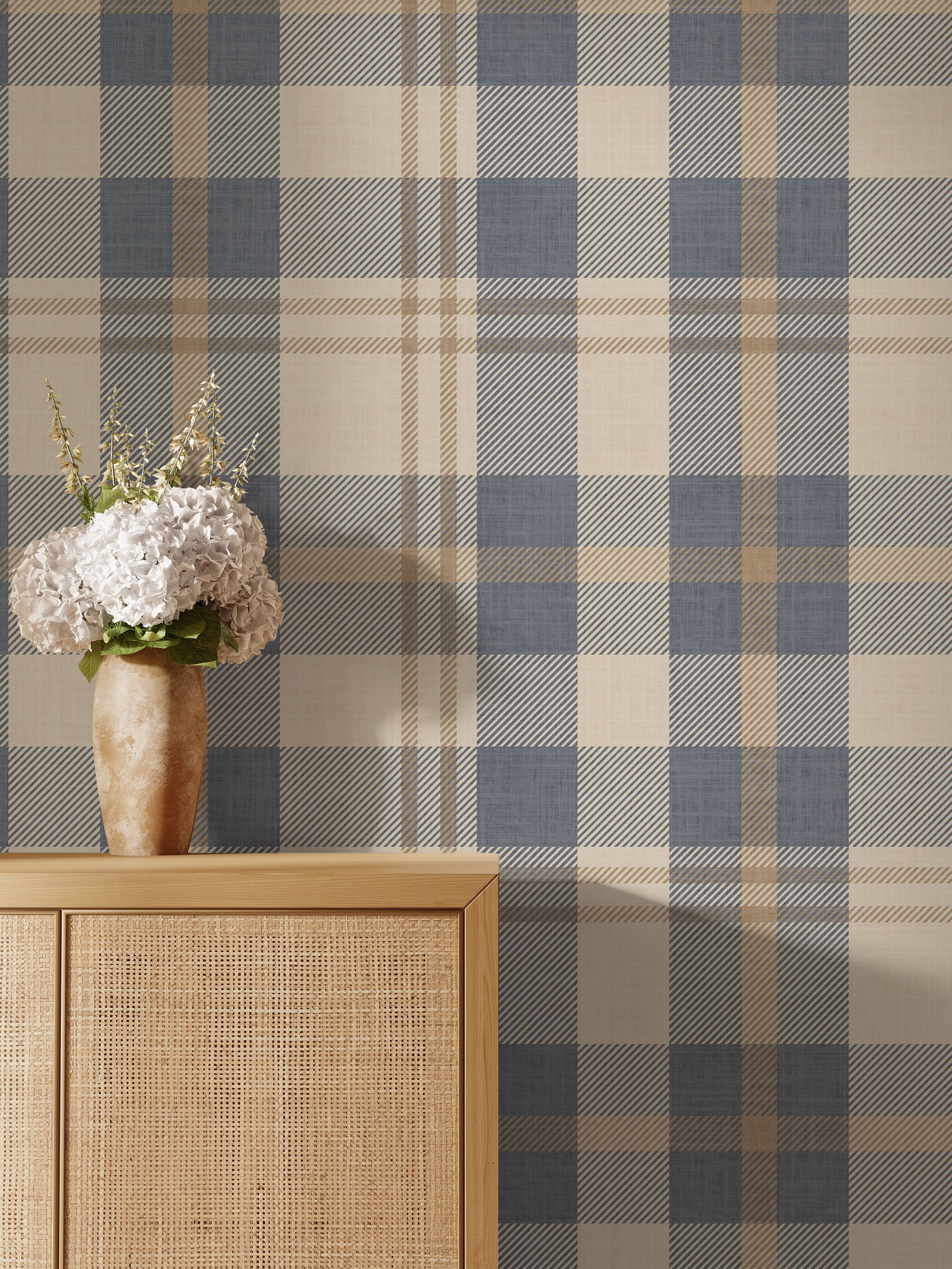 Blue and cream plaid repeat pattern sample showing checkered layout and soft neutral tones.