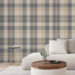 Living room with blue and cream plaid wallpaper behind a white sofa, cozy modern accent wall design.