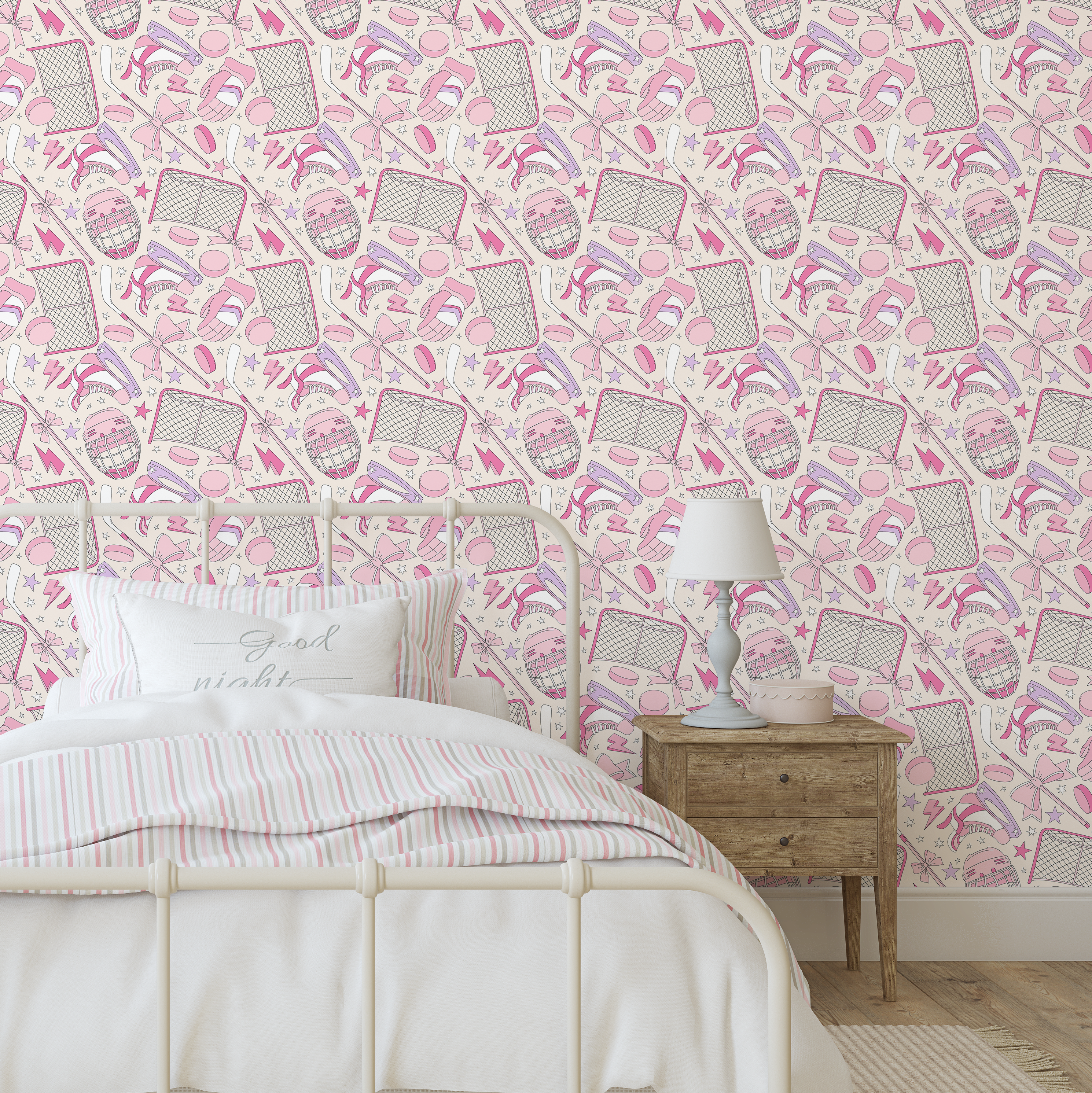 girls hockey wallpaper accent wall with pink hockey gear pattern including nets sticks pucks gloves and bows