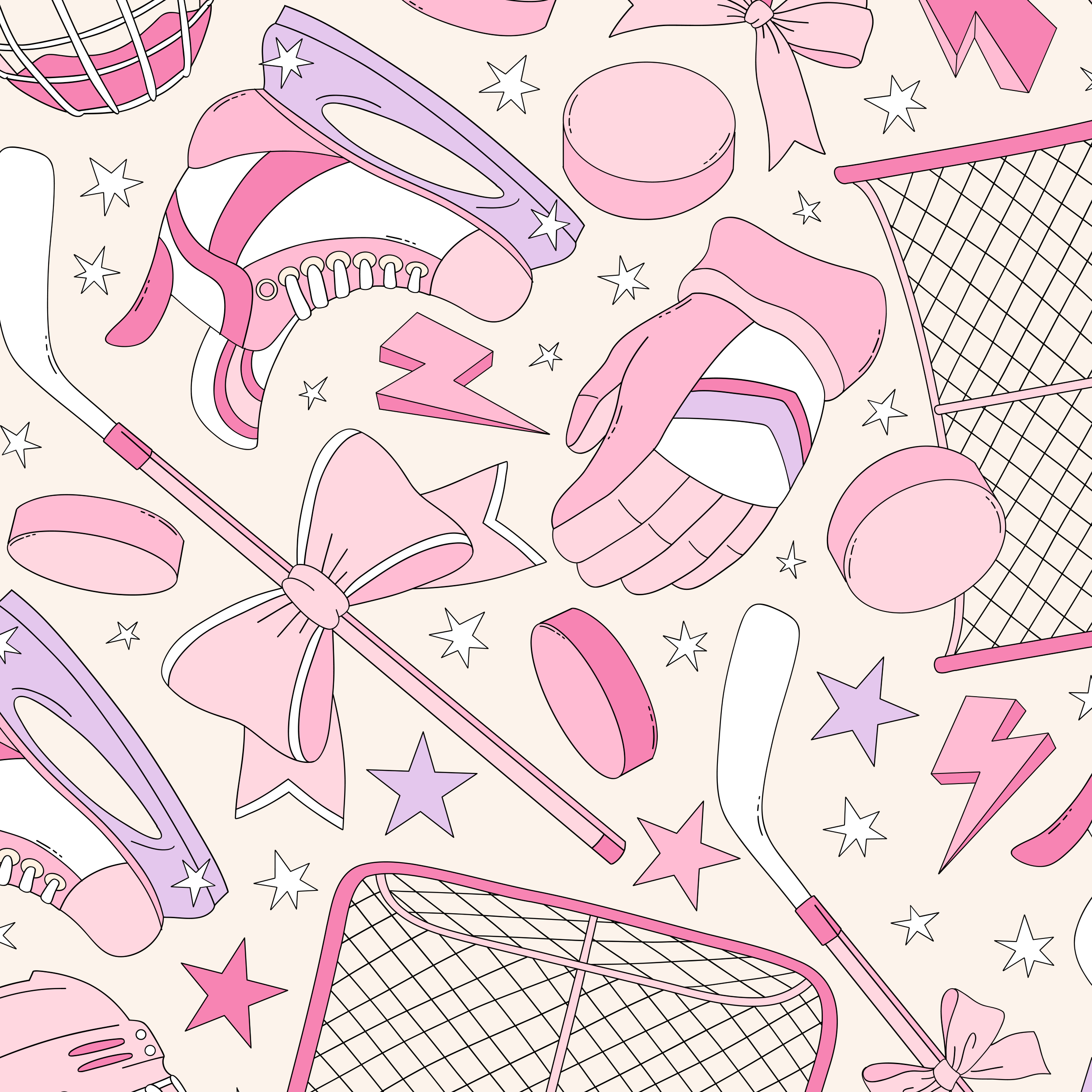 pink hockey themed bedroom wallpaper with playful hockey equipment pattern including skates sticks pucks and stars