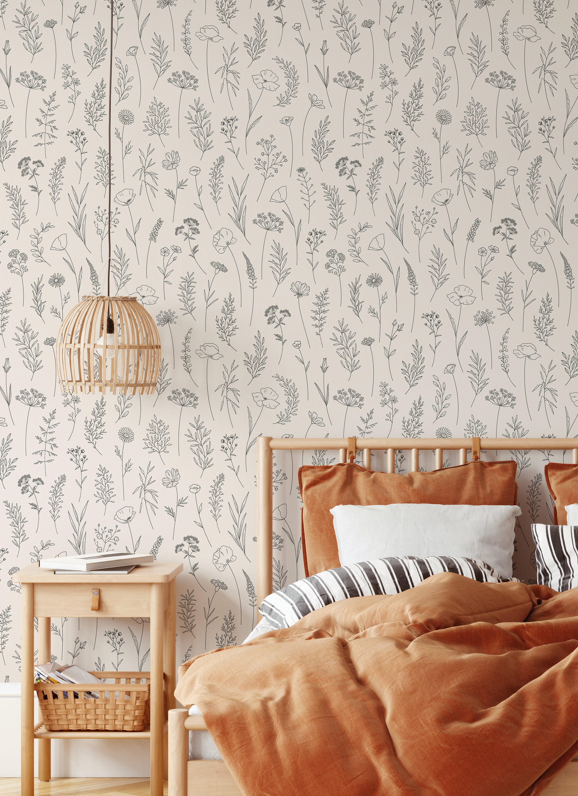 Bedroom with floral wallpaper, wooden bed, and bedside table.