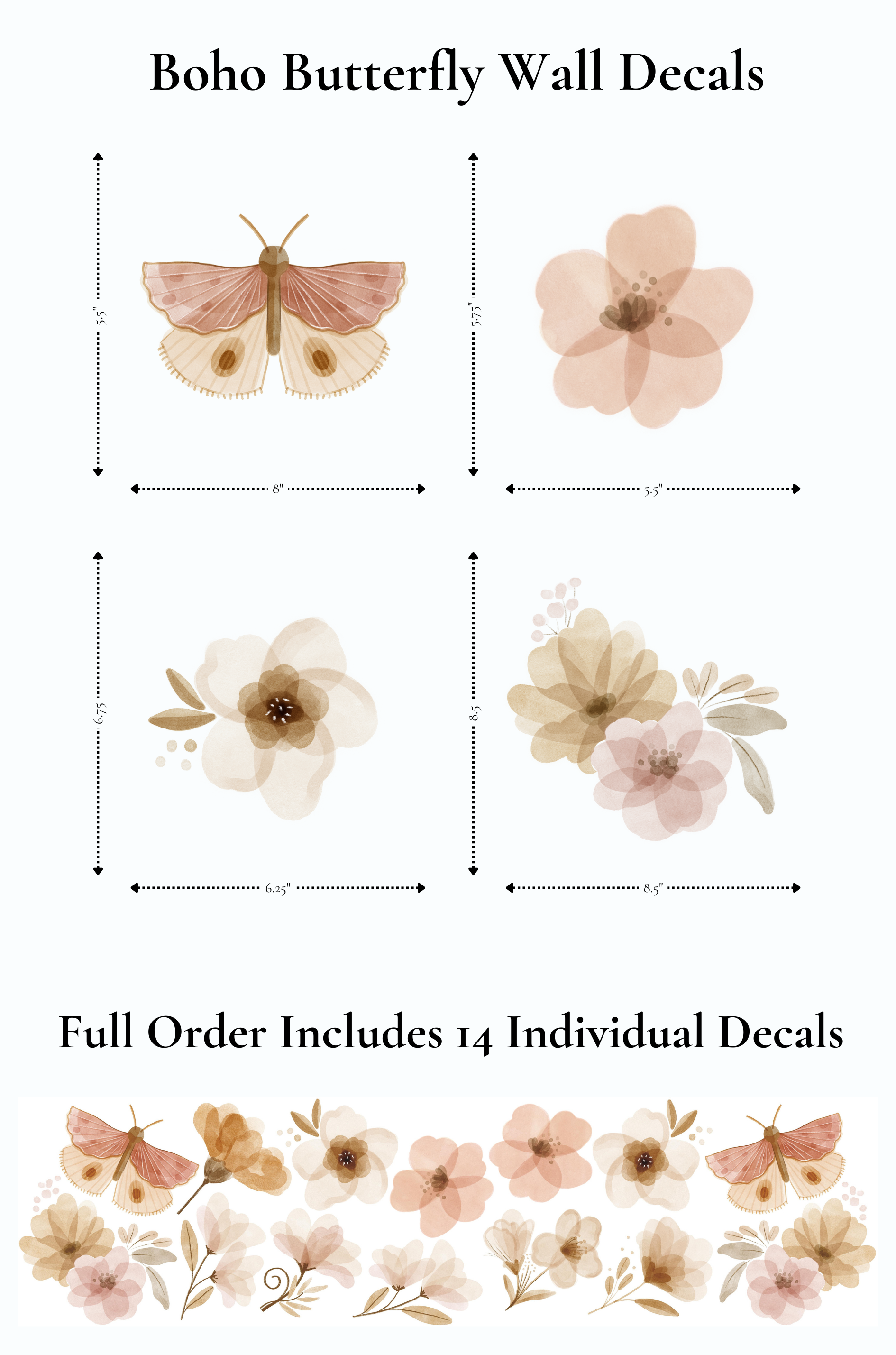 Detailed view of Boho Butterfly wall decal sizes and design