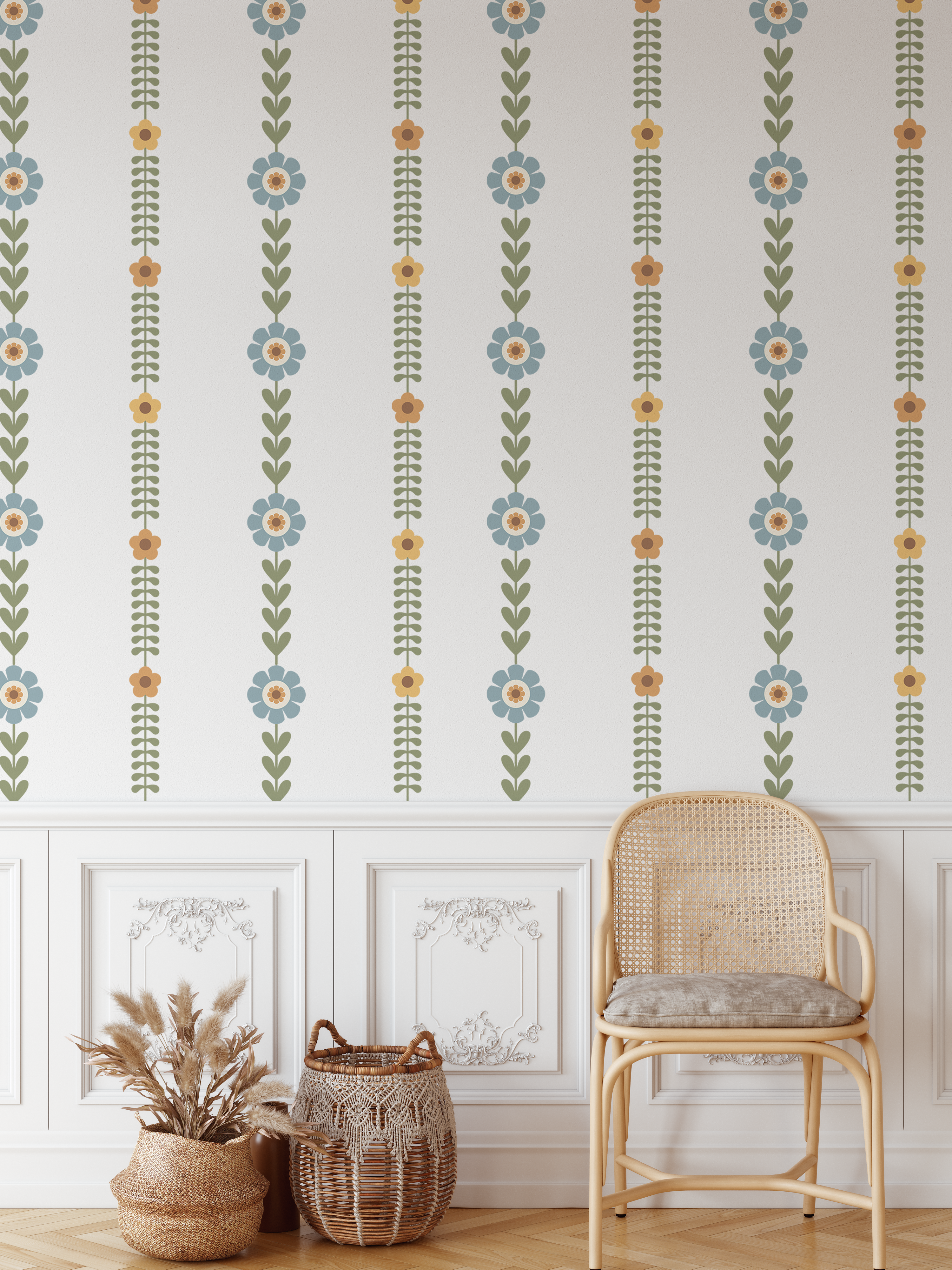 Floral stripe wall decals arranged in even vertical rows behind a wooden toy market stand in a kids playroom