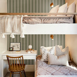 Boys' bedroom with green striped wallpaper, bunk beds, and a small desk workspace