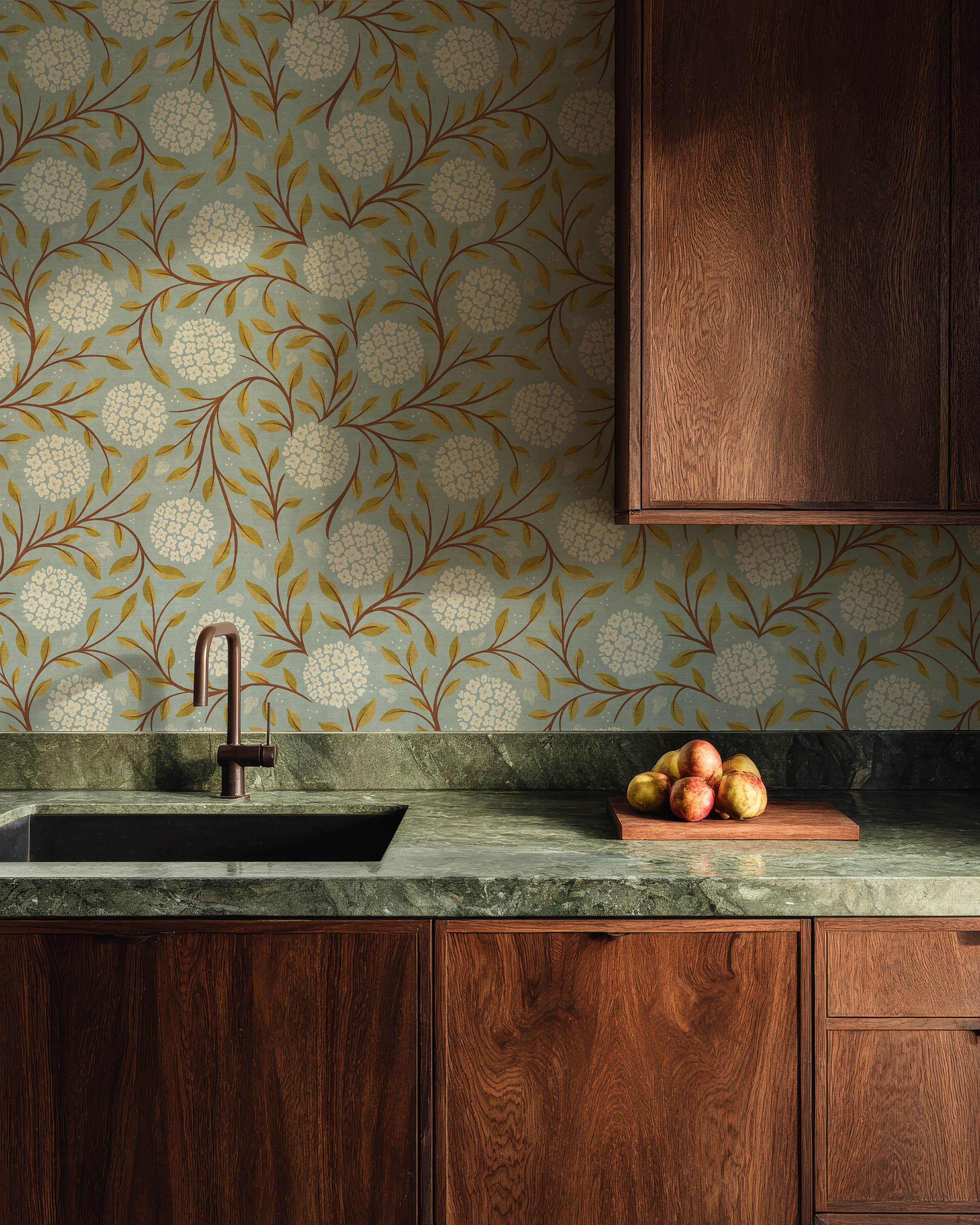 Bramble and Bloom kitchen wallpaper featuring white floral clusters, trailing botanical vines, and soft blue green cottage wallpaper design