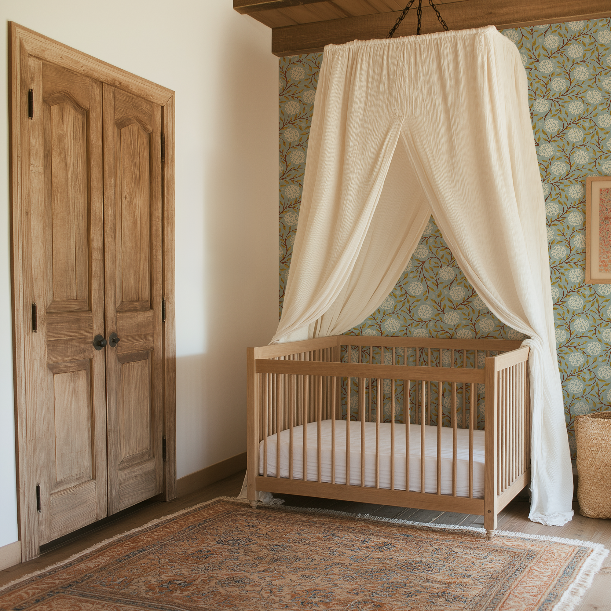 Bramble and Bloom nursery wallpaper with flowing floral vines, white flower clusters, and blue green cottagecore wallpaper design