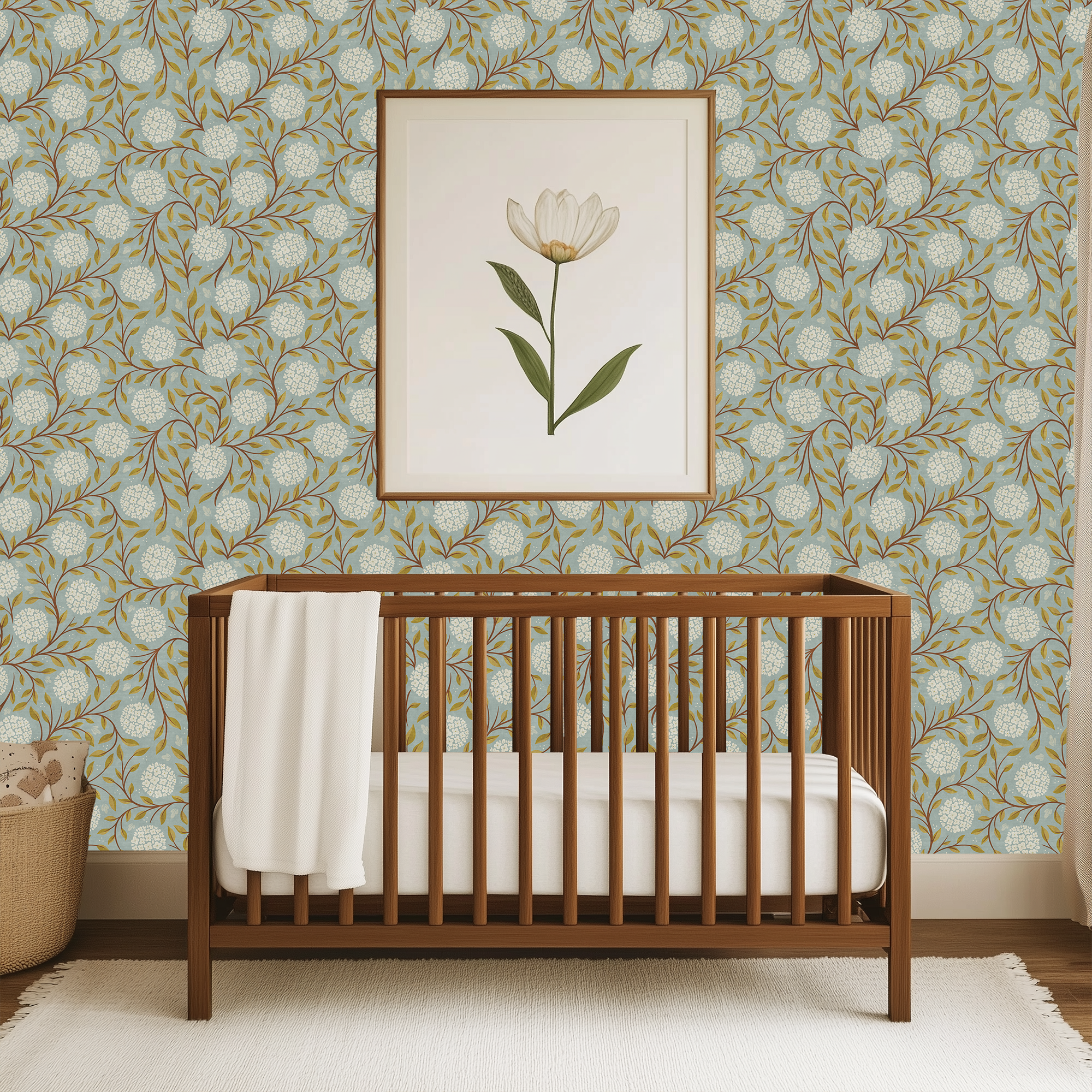 Bramble and Bloom floral nursery wallpaper featuring botanical branches, blooming white flowers, and vintage inspired cottage pattern