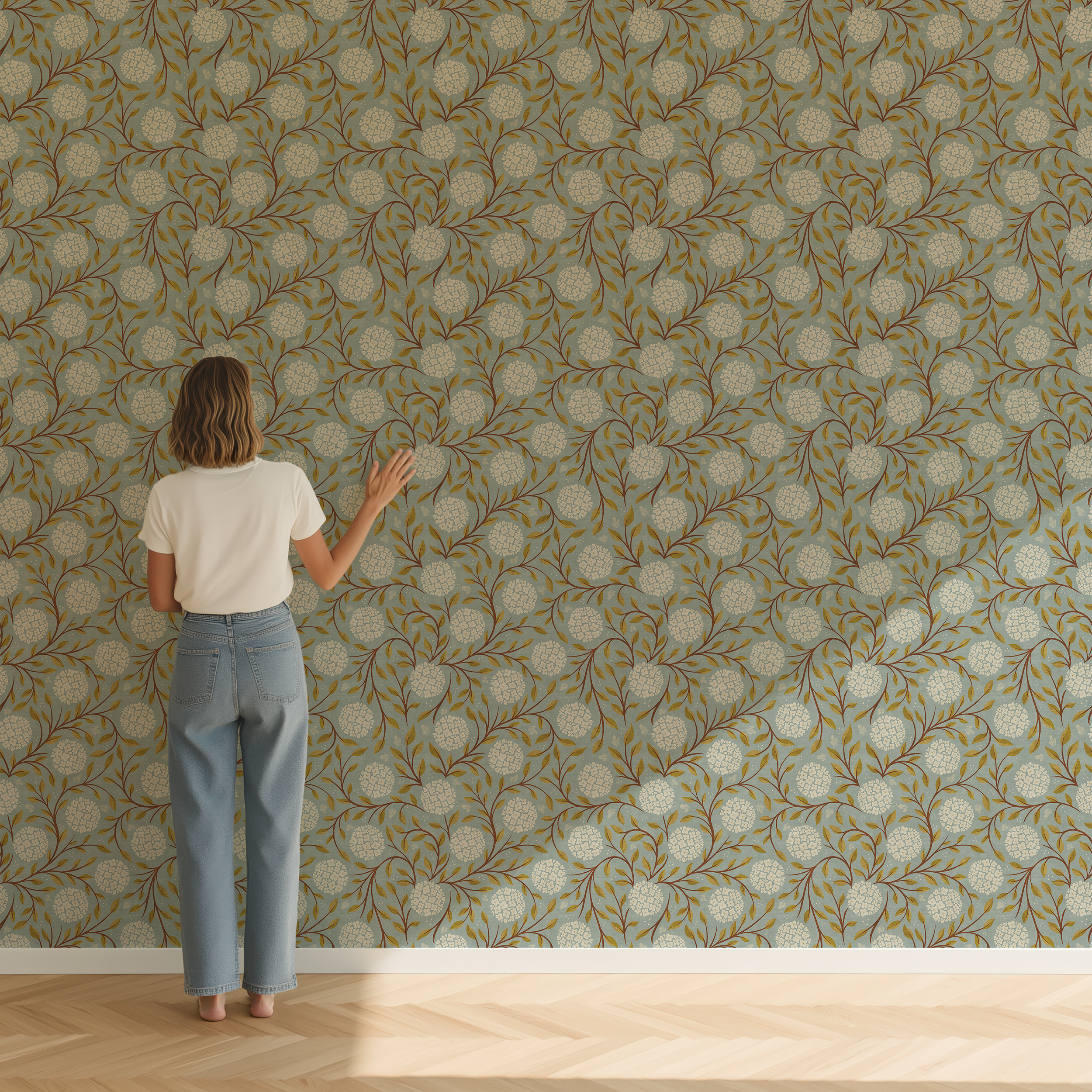 Bramble and Bloom wallpaper scale reference showing the size of the repeating floral vine pattern with white blossoms and leafy branches