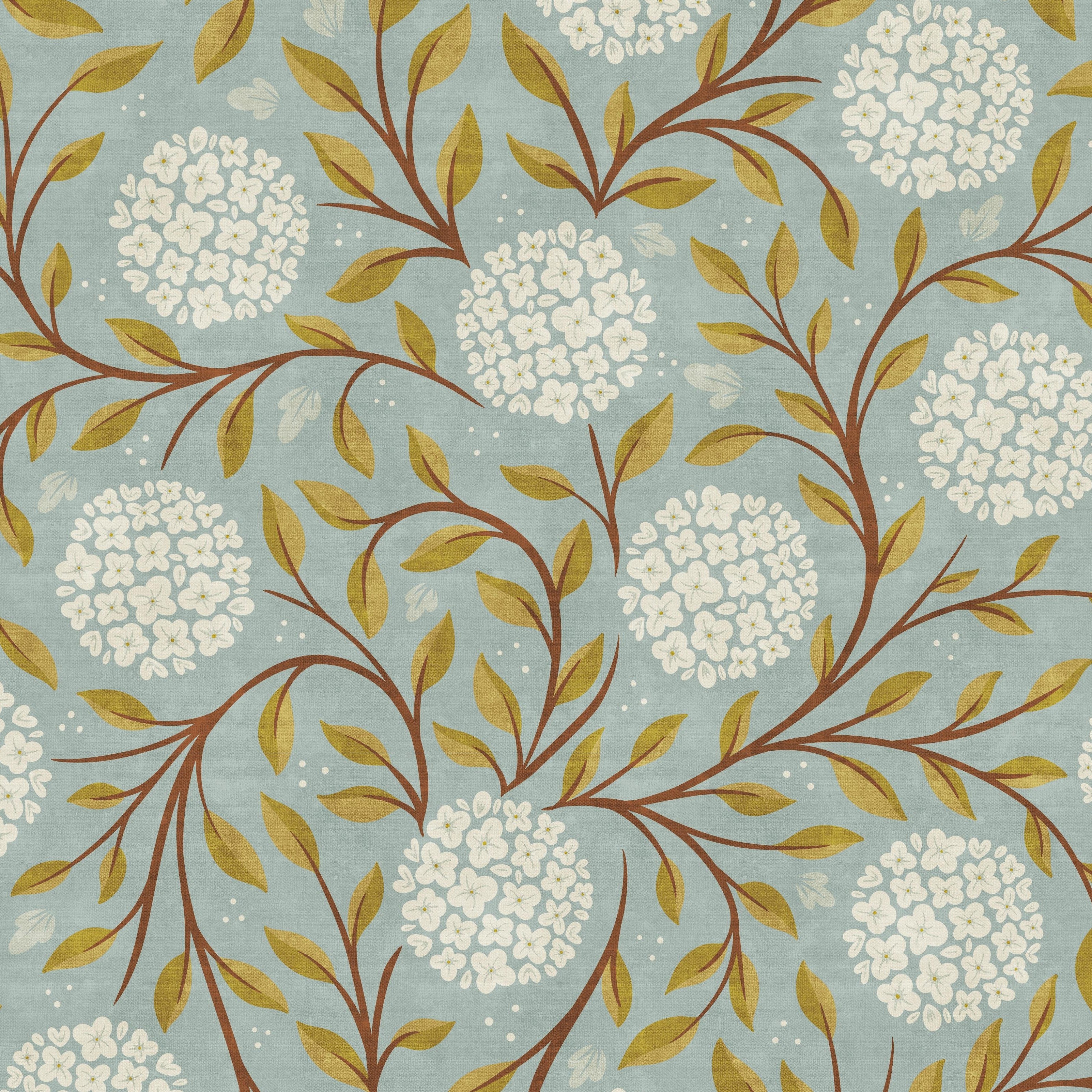 Bramble and Bloom vintage floral wallpaper featuring white flower clusters, olive green leaves, and graceful trailing botanical vines