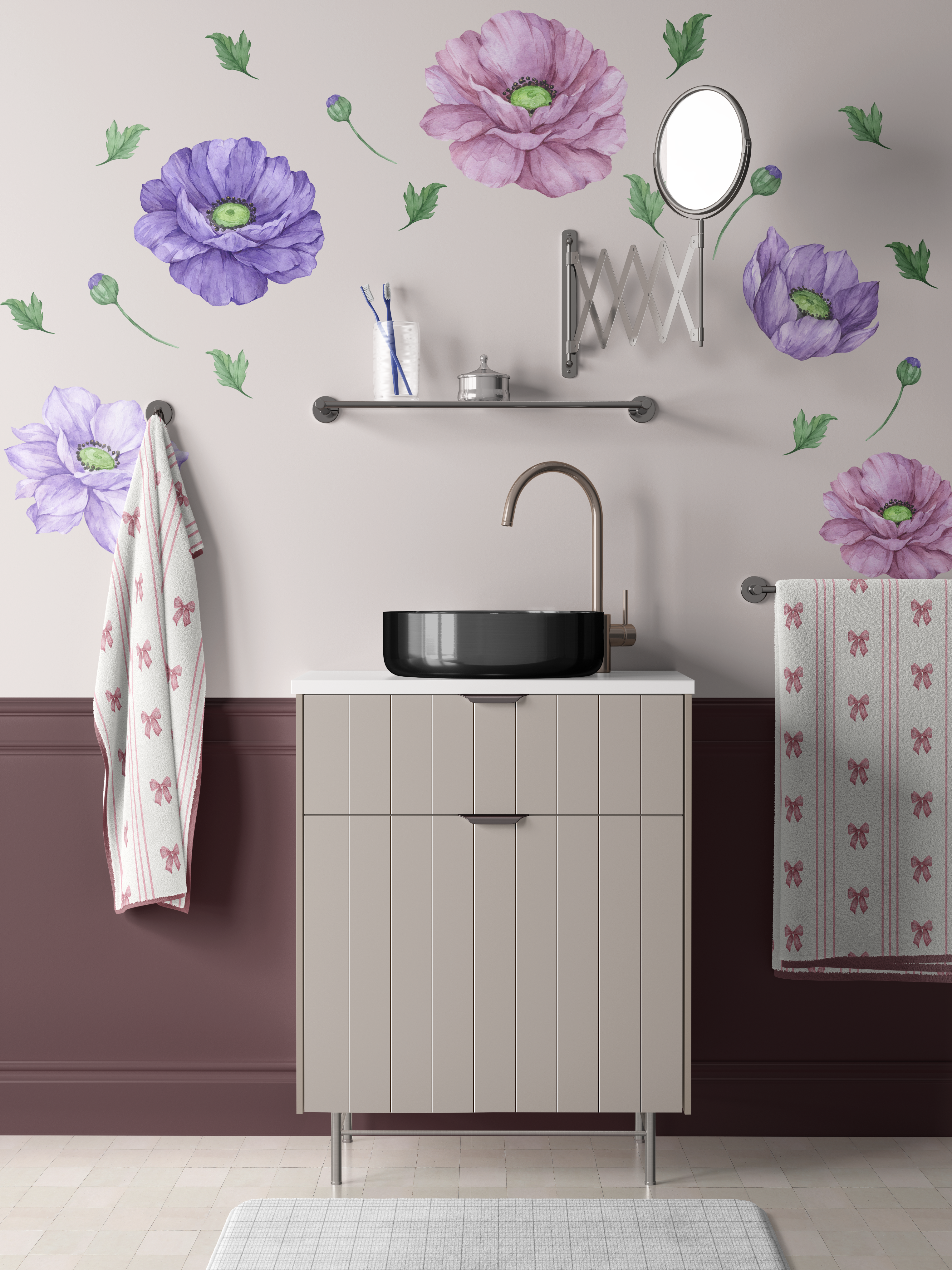 Purple Bloom flower wall decals styled above a bathroom vanity in blush and violet tones
