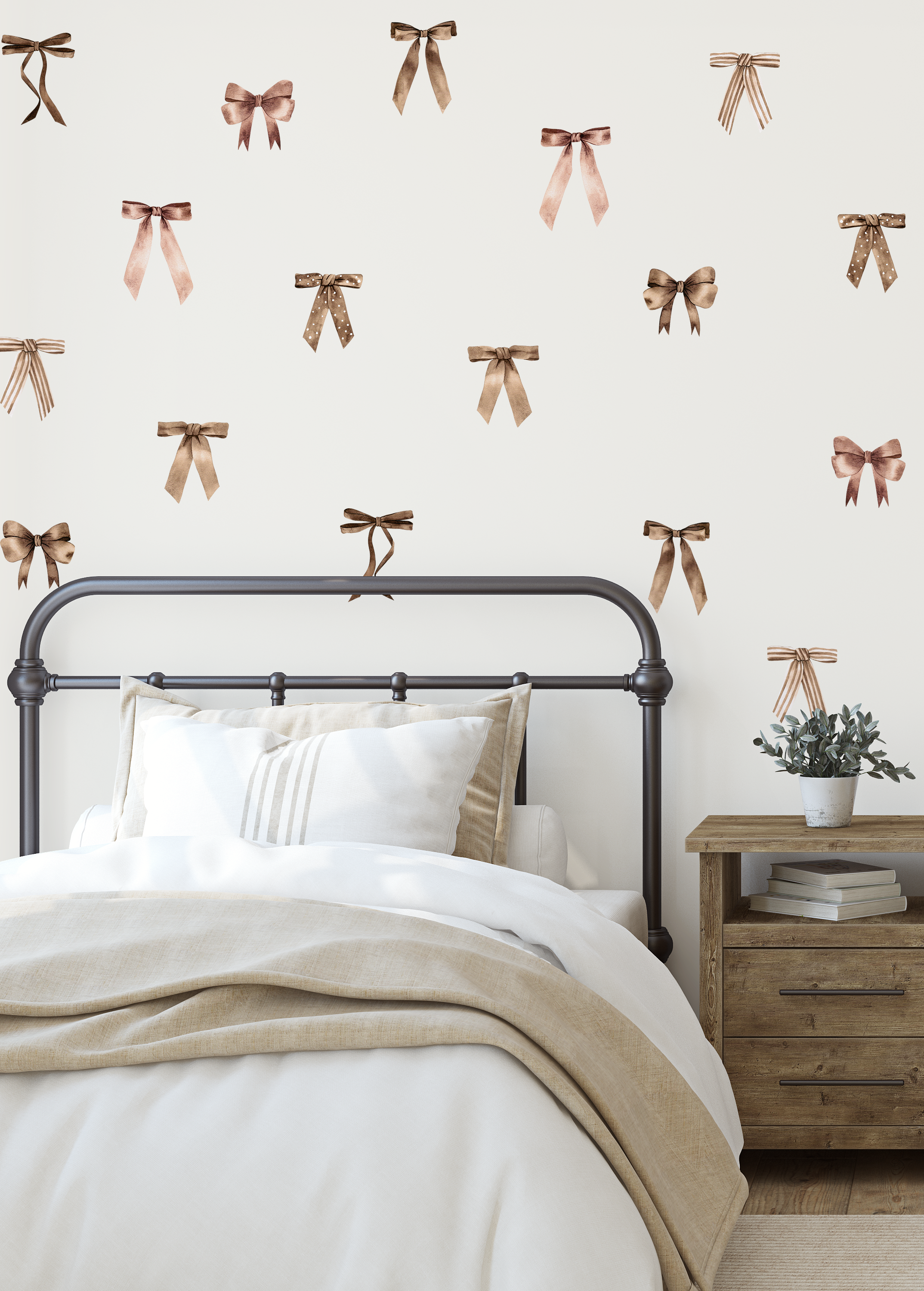 brown bow wall decals above bed with neutral bedding, coquette ribbon peel and stick wall stickers for bedroom decor