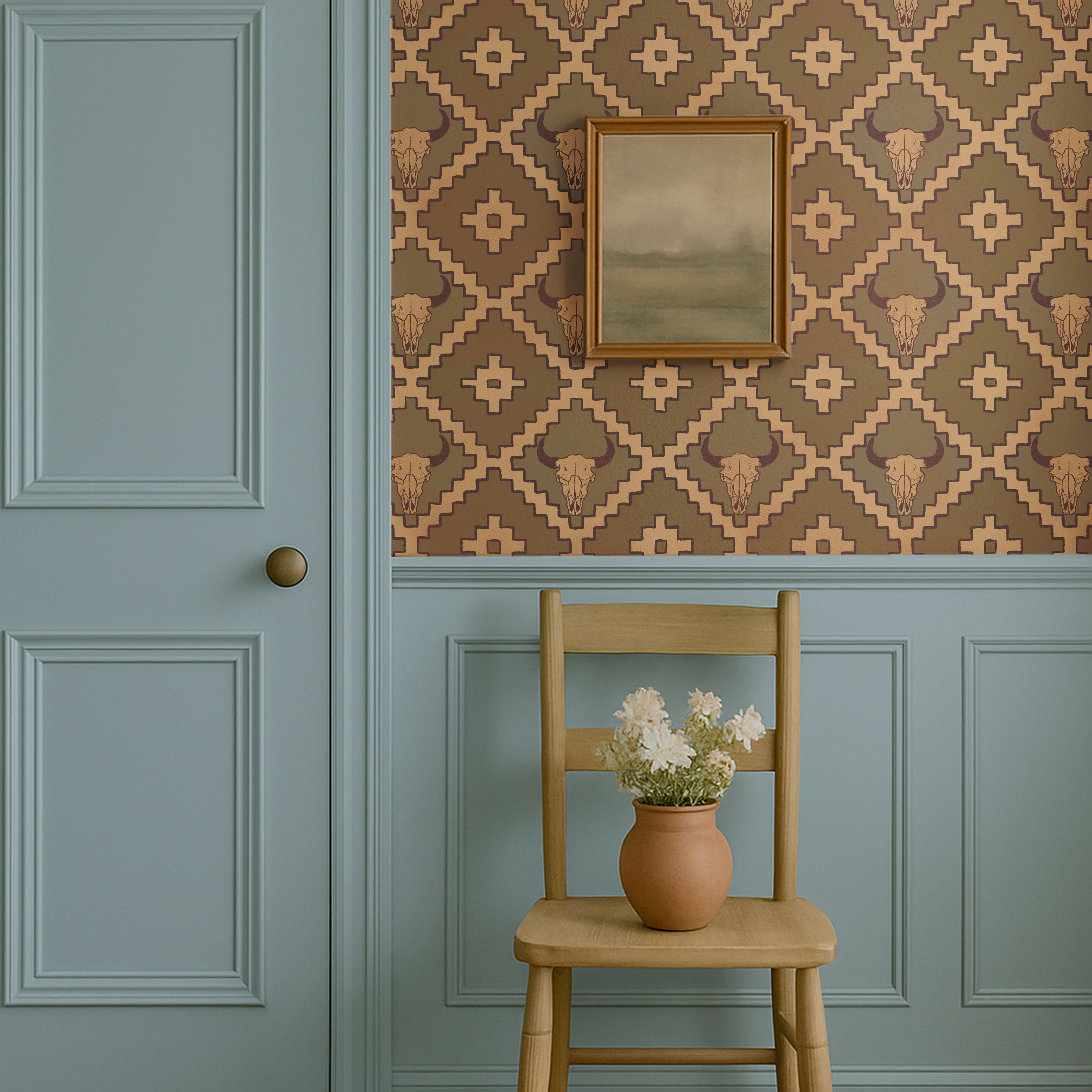 Brown western wallpaper with buffalo skull design styled in a modern laundry room