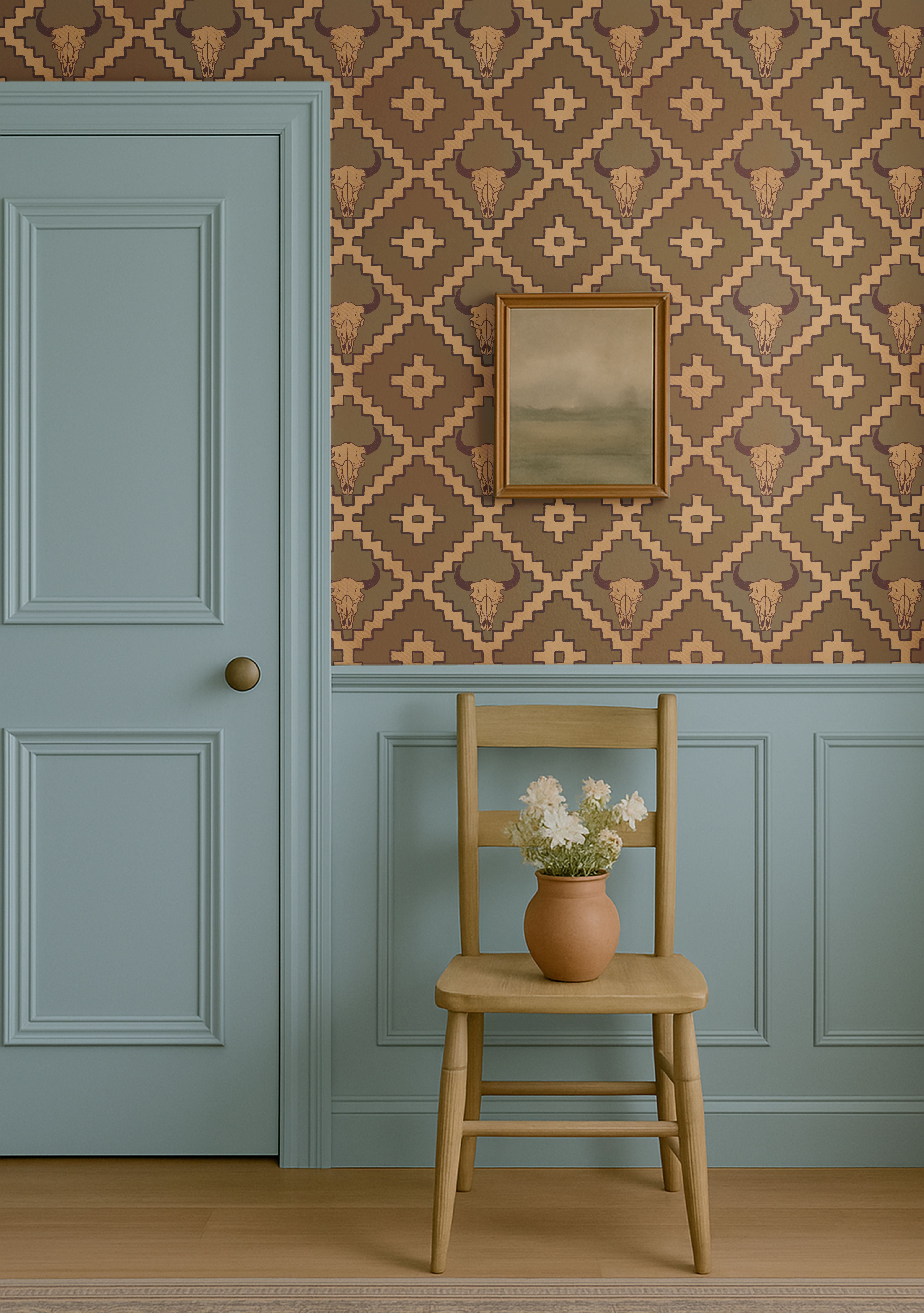 Brown western wallpaper with buffalo skull design styled in a modern laundry room