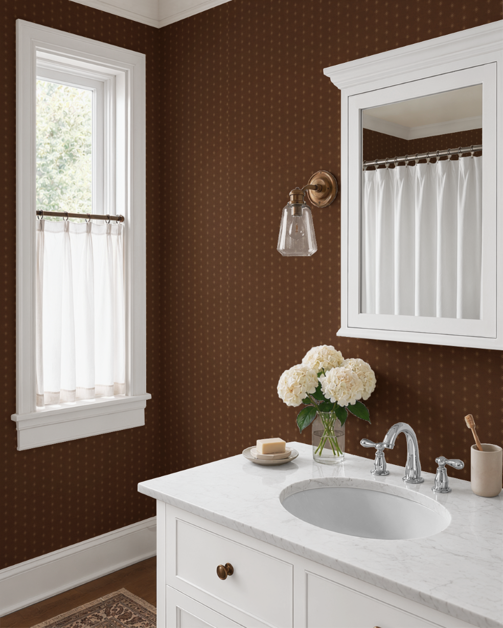 Brown Diamond Tile Wallpaper in a bright bathroom with white vanity, brass light fixture, marble countertop, and warm cottage style.