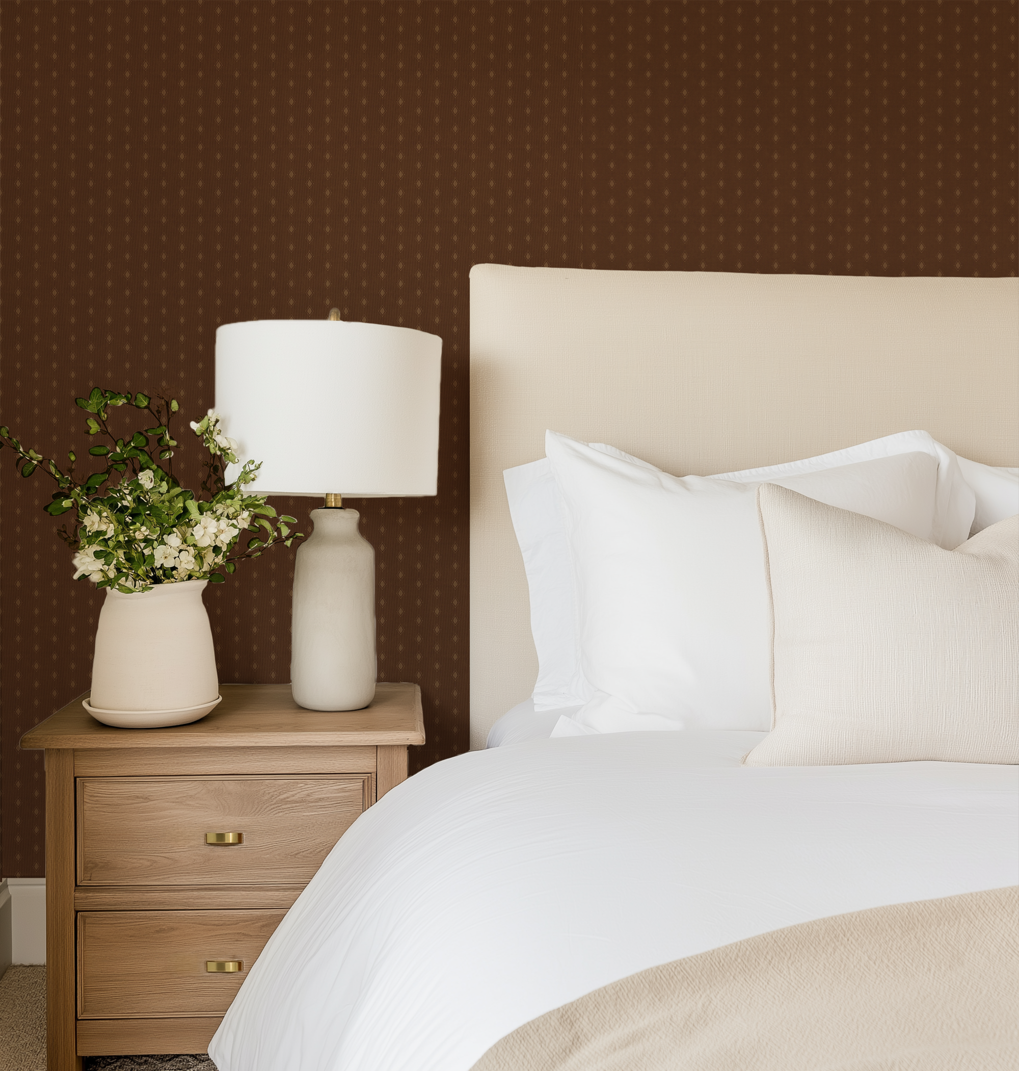 Brown Diamond Tile Wallpaper in a cozy bedroom featuring warm brown geometric wallpaper, neutral bedding, and timeless traditional decor.