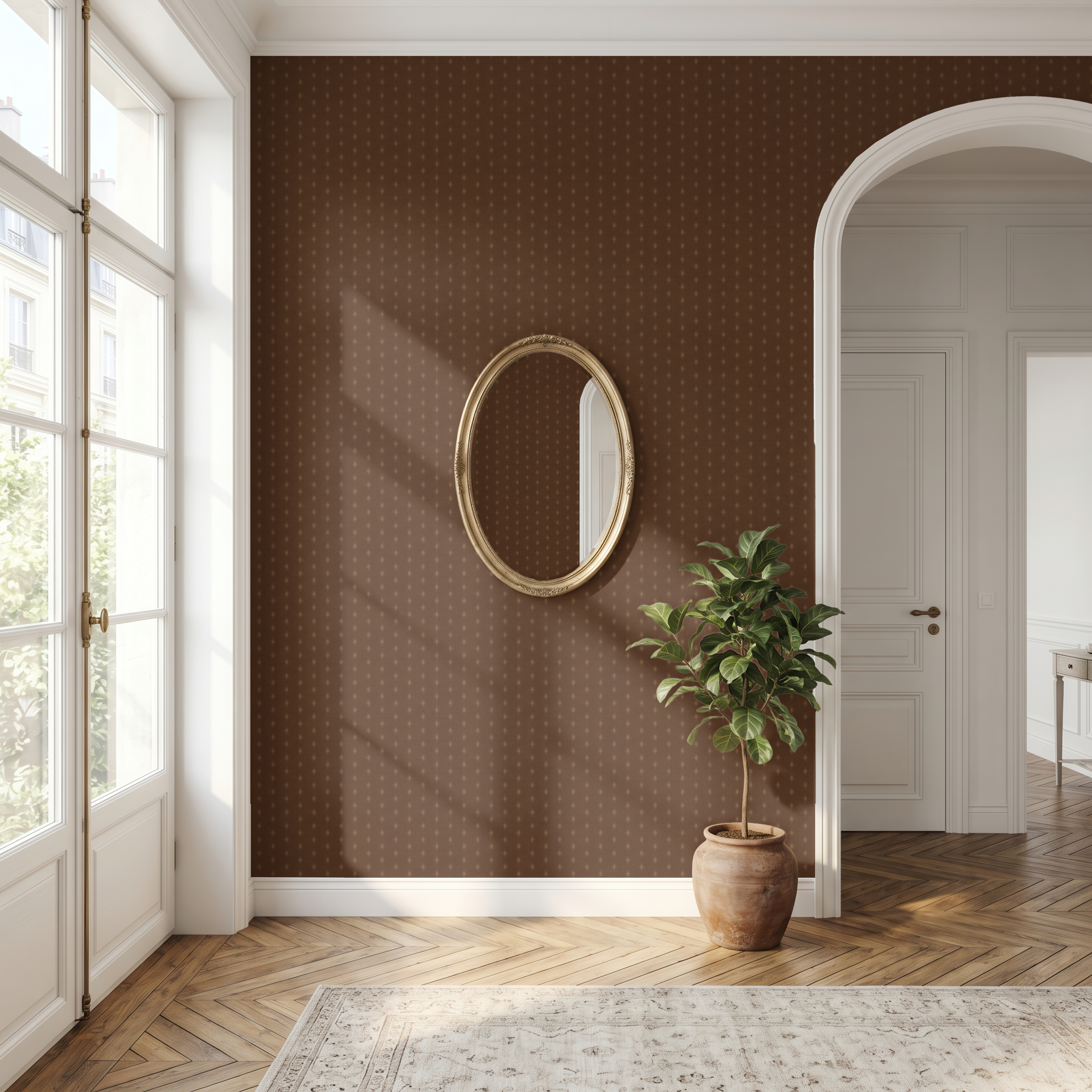 Brown Diamond Tile Wallpaper in an elegant hallway with arched doorway, gold mirror, and classic vintage-inspired wall decor.