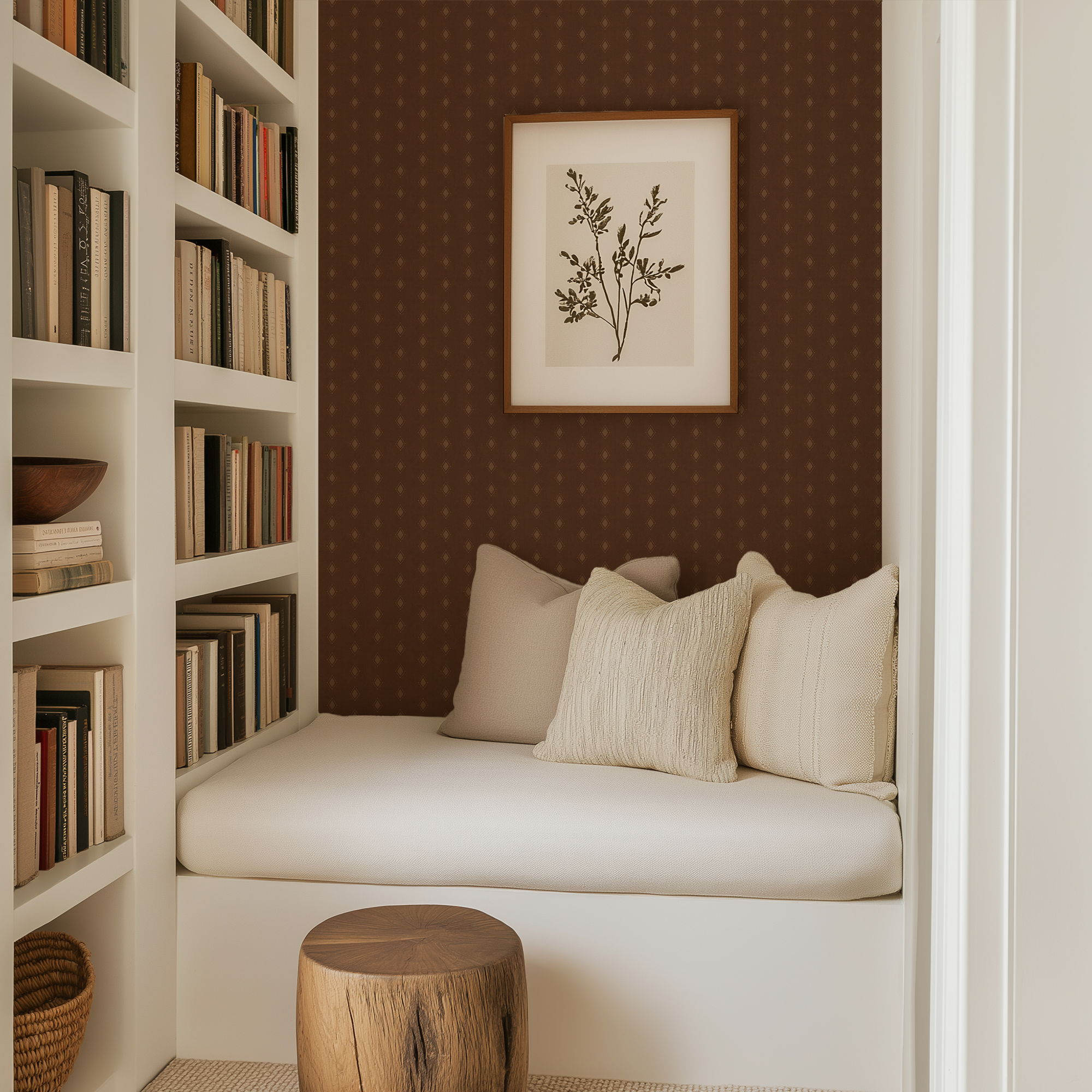 Brown Diamond Tile Wallpaper in a built-in reading nook with bookshelves, neutral cushions, and cozy library-inspired decor.