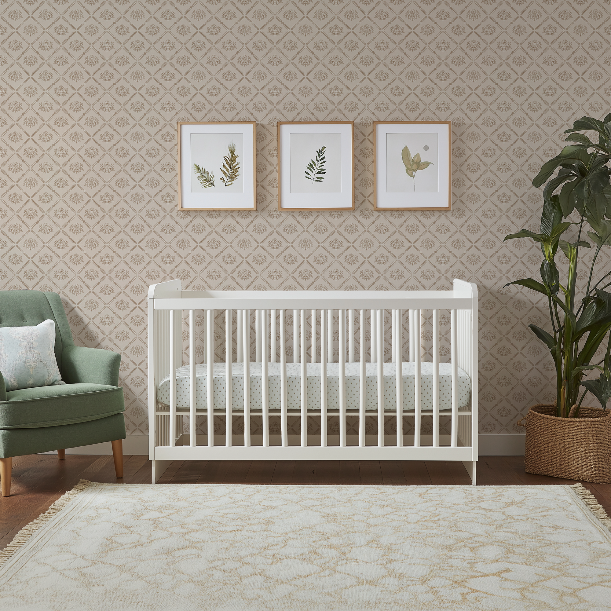 Brown Floral Medallion Wallpaper in a cozy nursery with a white crib, botanical artwork, and classic cottage-inspired decor.