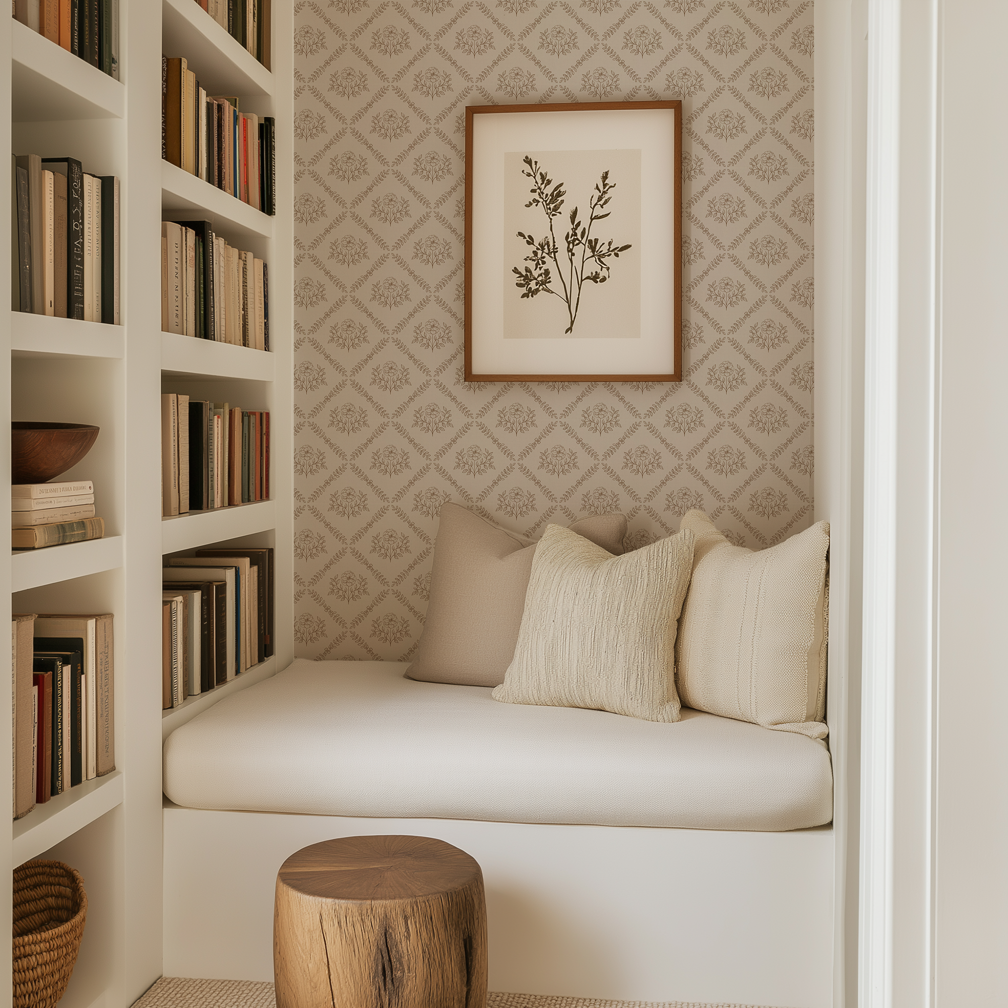 Brown Floral Medallion Wallpaper in a built-in reading nook with bookshelves, warm neutral cushions, and traditional library styling.