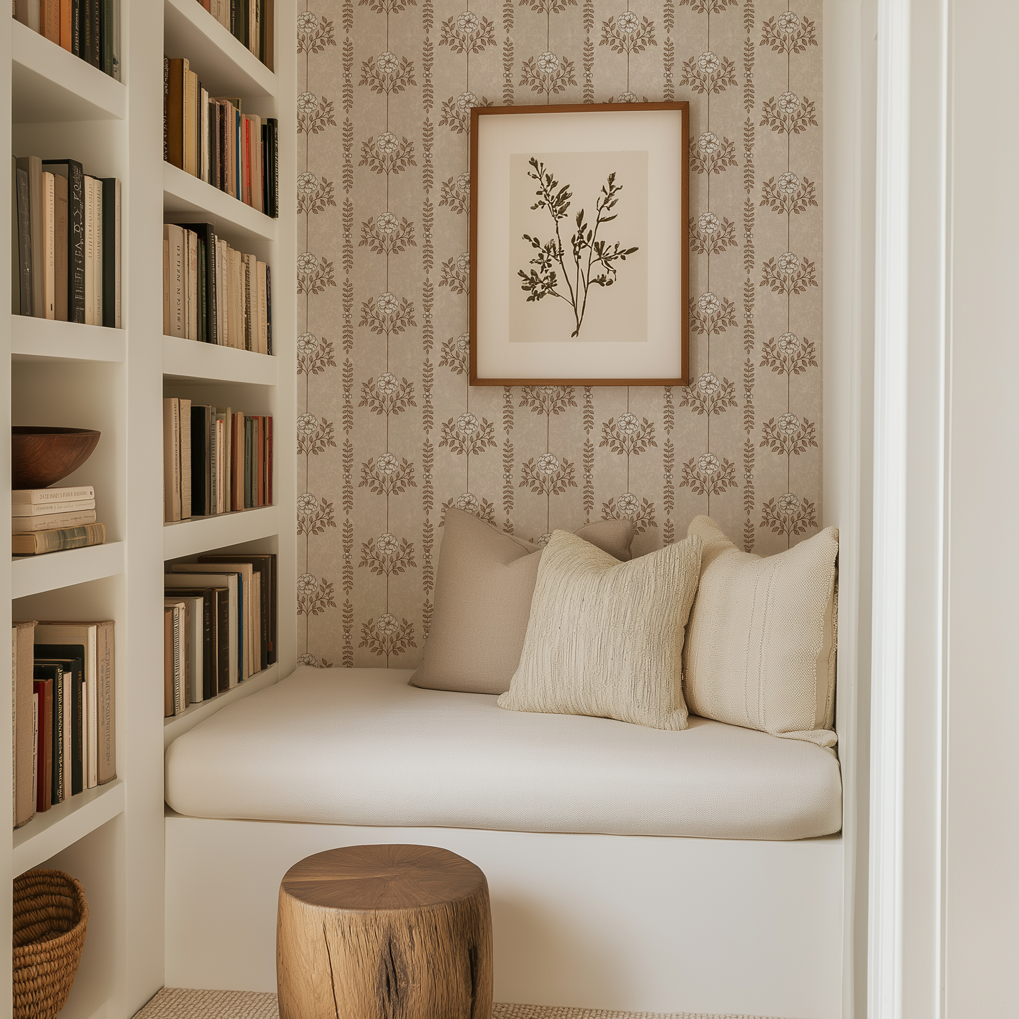 Brown Hanging Floral Wallpaper in a cozy reading nook with built-in bookshelves, neutral cushions, and vintage cottage-inspired decor.