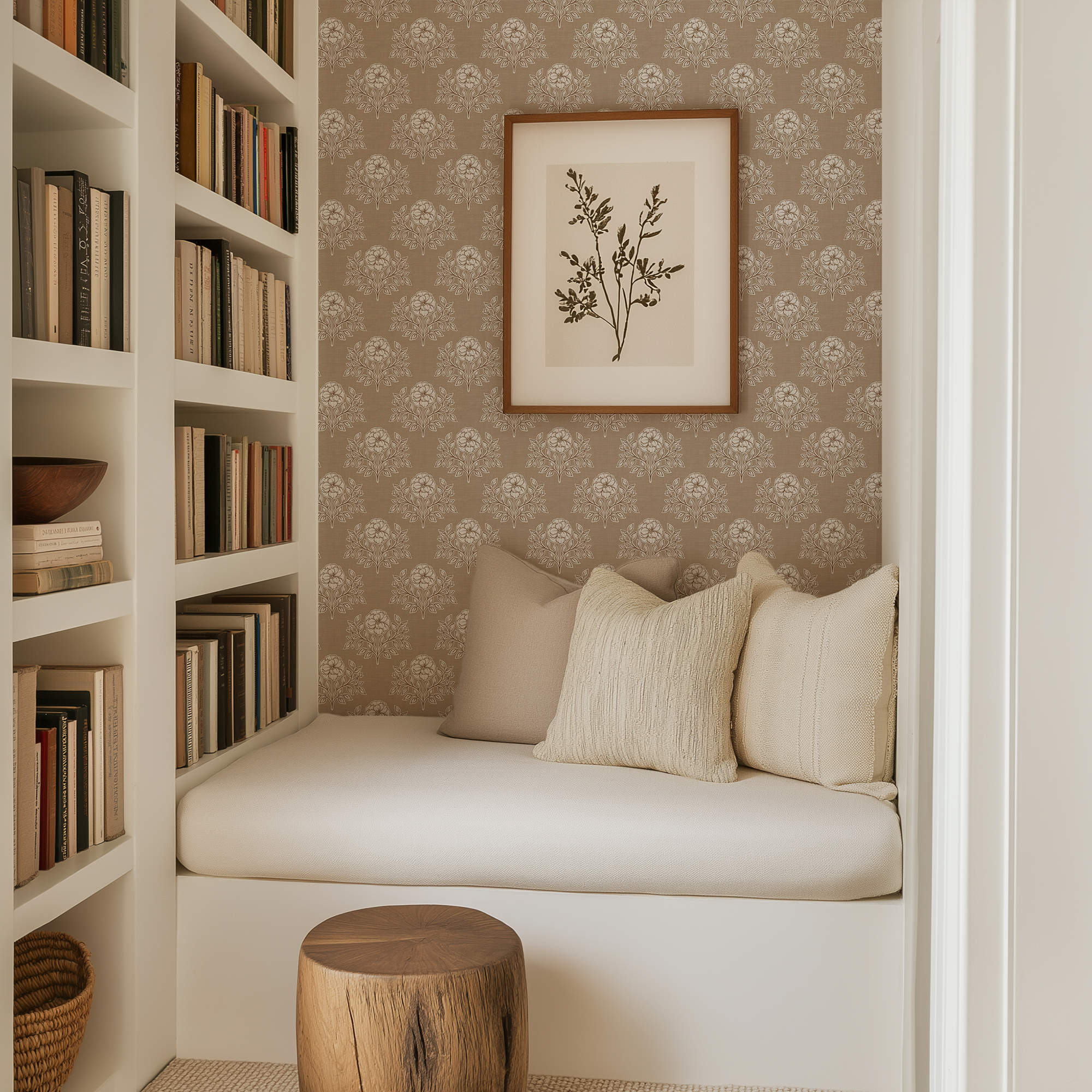 Brown Prairie Floral Wallpaper in a built-in reading nook with bookshelves, cozy linen cushions, and classic botanical decor.