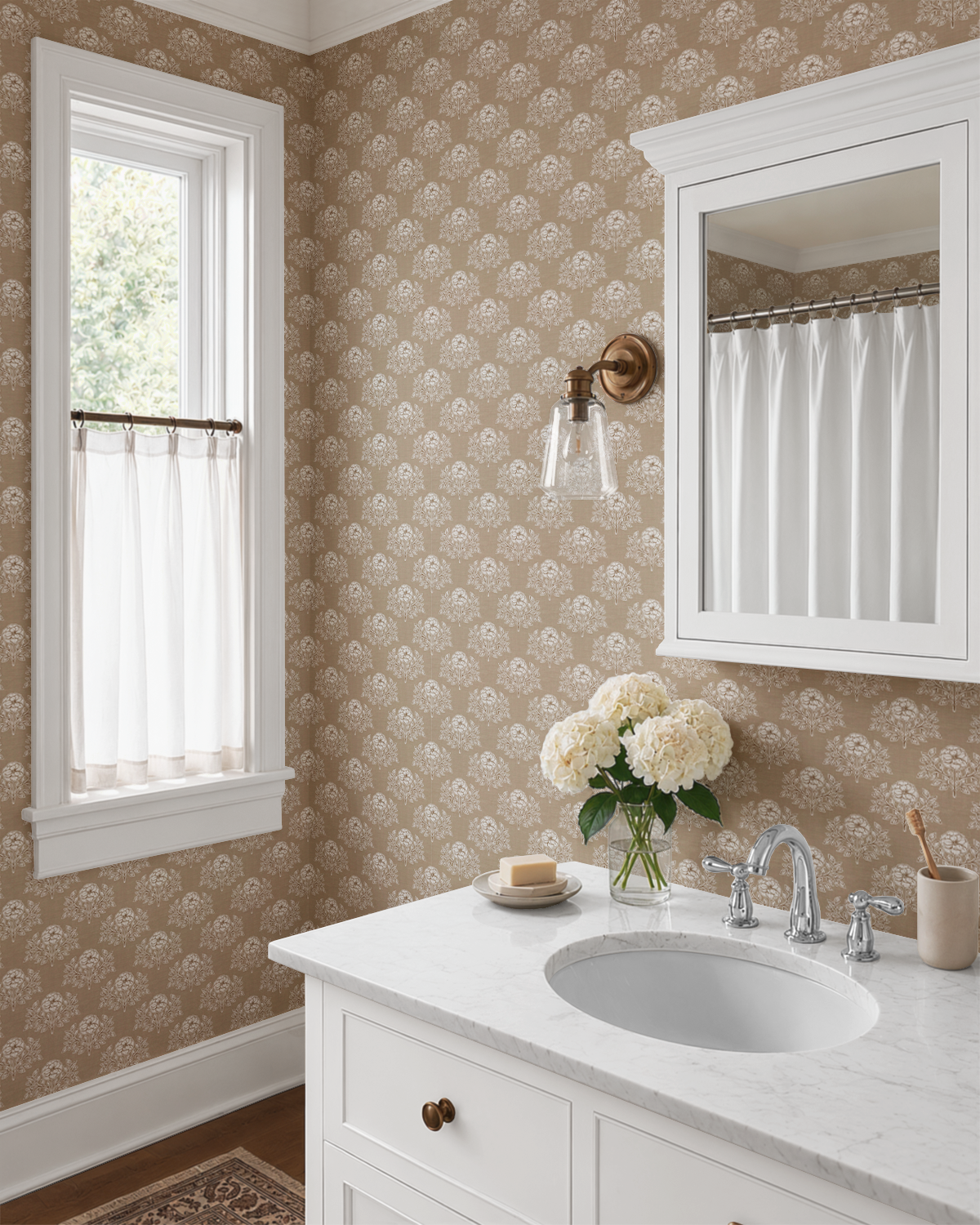 Brown Prairie Floral Wallpaper in a bright bathroom with white vanity, brass lighting, marble countertop, and timeless cottage style.