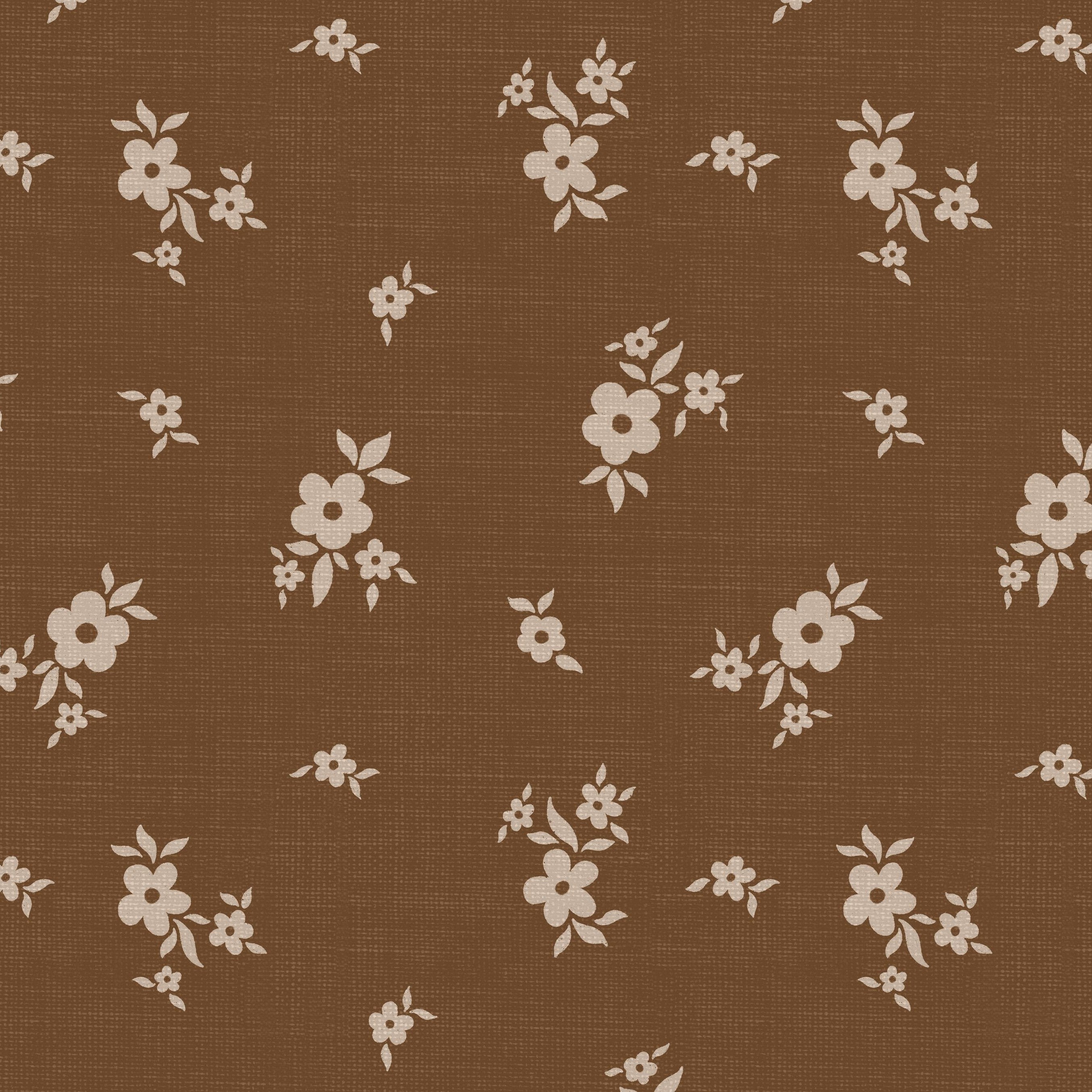 Brown Scattered Floral Wallpaper sample featuring a delicate ditsy floral pattern on a rich warm brown linen-look background.
