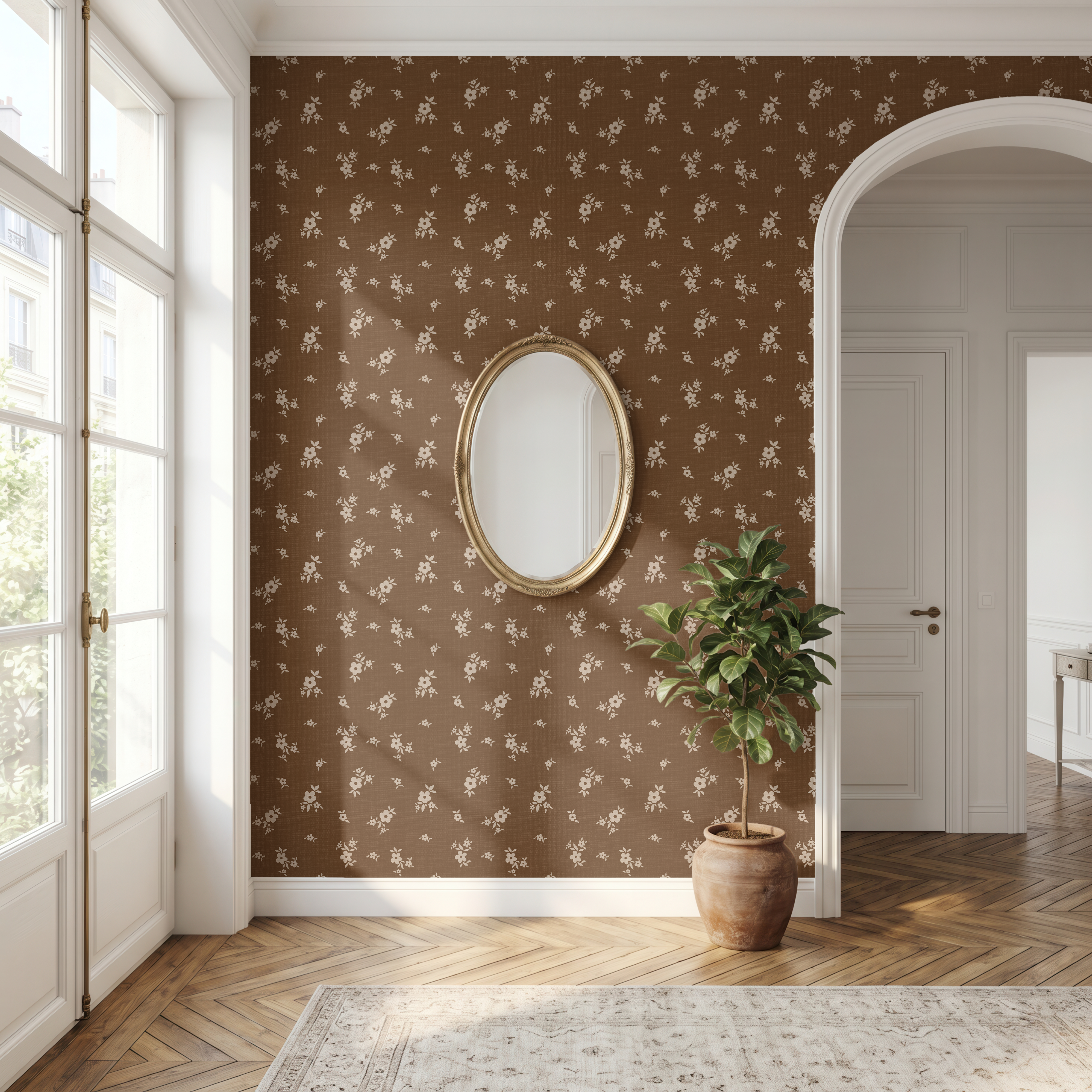 Brown Scattered Floral Wallpaper in an elegant entryway with an antique gold mirror, natural light, and timeless cottage-inspired décor.