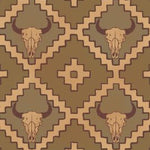 Close-up of brown western wallpaper showing buffalo skulls and geometric southwest design