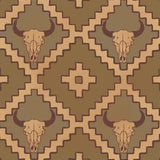 Close-up of brown western wallpaper showing buffalo skulls and geometric southwest design