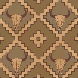 Close-up of brown western wallpaper showing buffalo skulls and geometric southwest design