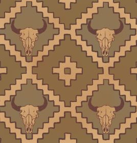 Close-up of brown western wallpaper showing buffalo skulls and geometric southwest design