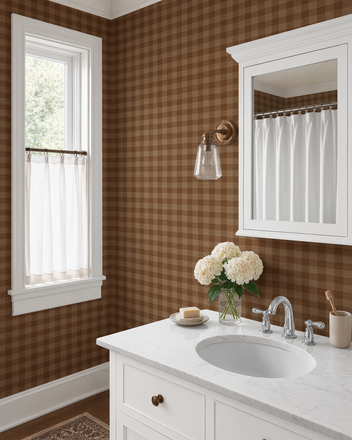 Brown Woven Gingham Wallpaper in a traditional bathroom with white vanity, marble countertop, brass lighting, and timeless cottage style.