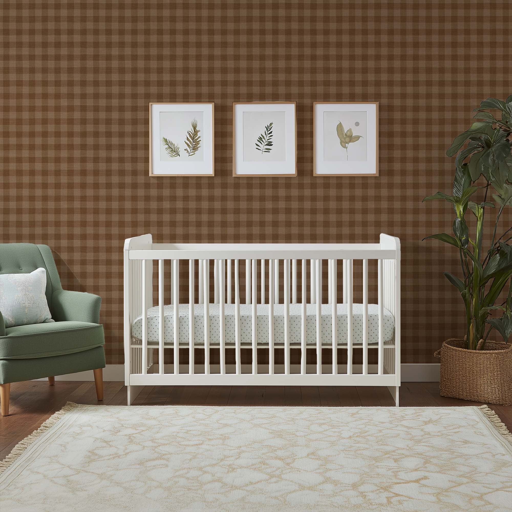 Brown Woven Gingham Wallpaper in a vintage nursery with a white crib, botanical wall art, and warm neutral decor.