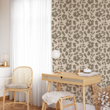 Neutral brush stroke floral wallpaper with organic botanical pattern in a light-filled home office