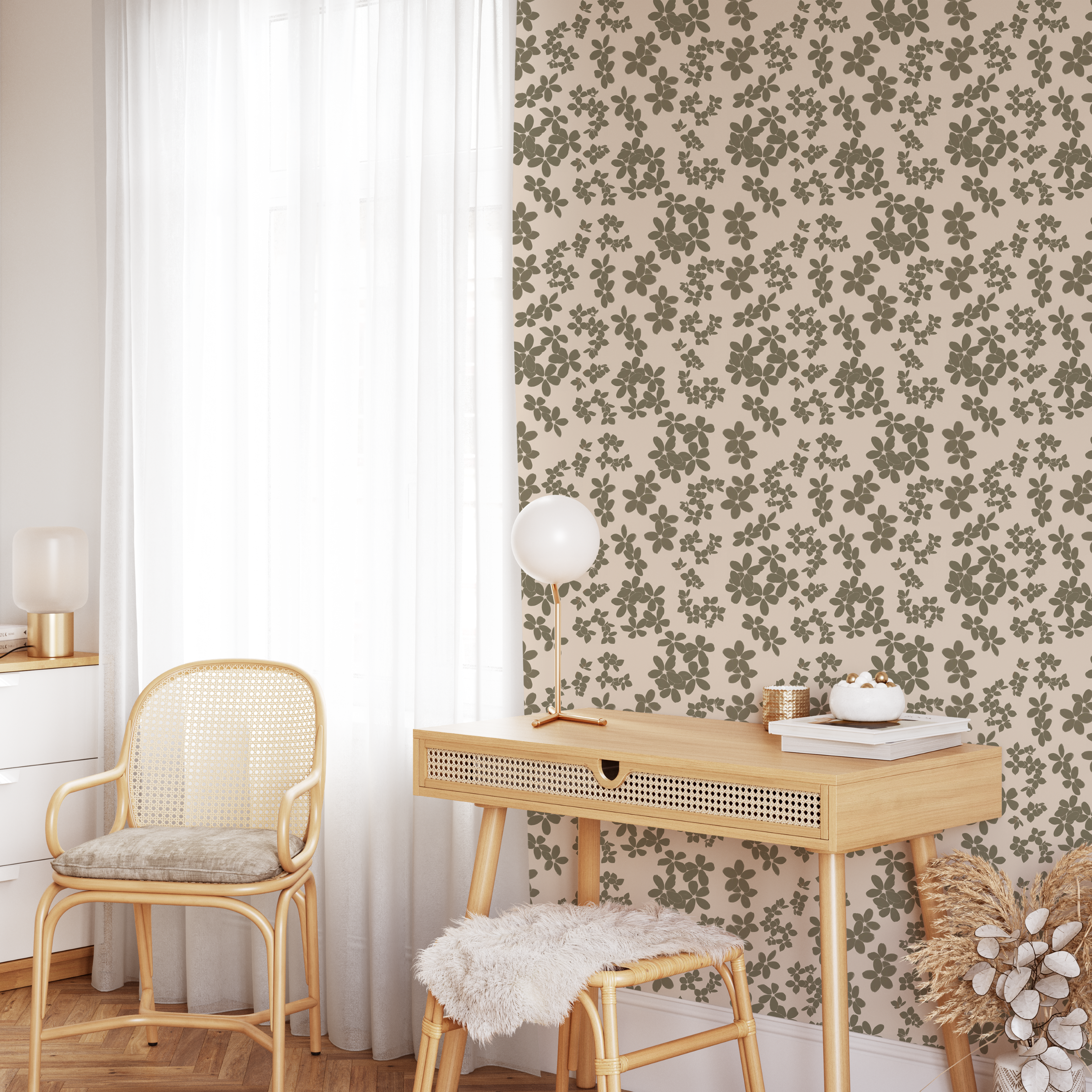 Neutral brush stroke floral wallpaper with organic botanical pattern in a light-filled home office