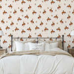 Western-themed Bucking Bronco wallpaper in rustic bedroom setting