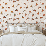 Western-themed Bucking Bronco wallpaper in rustic bedroom setting