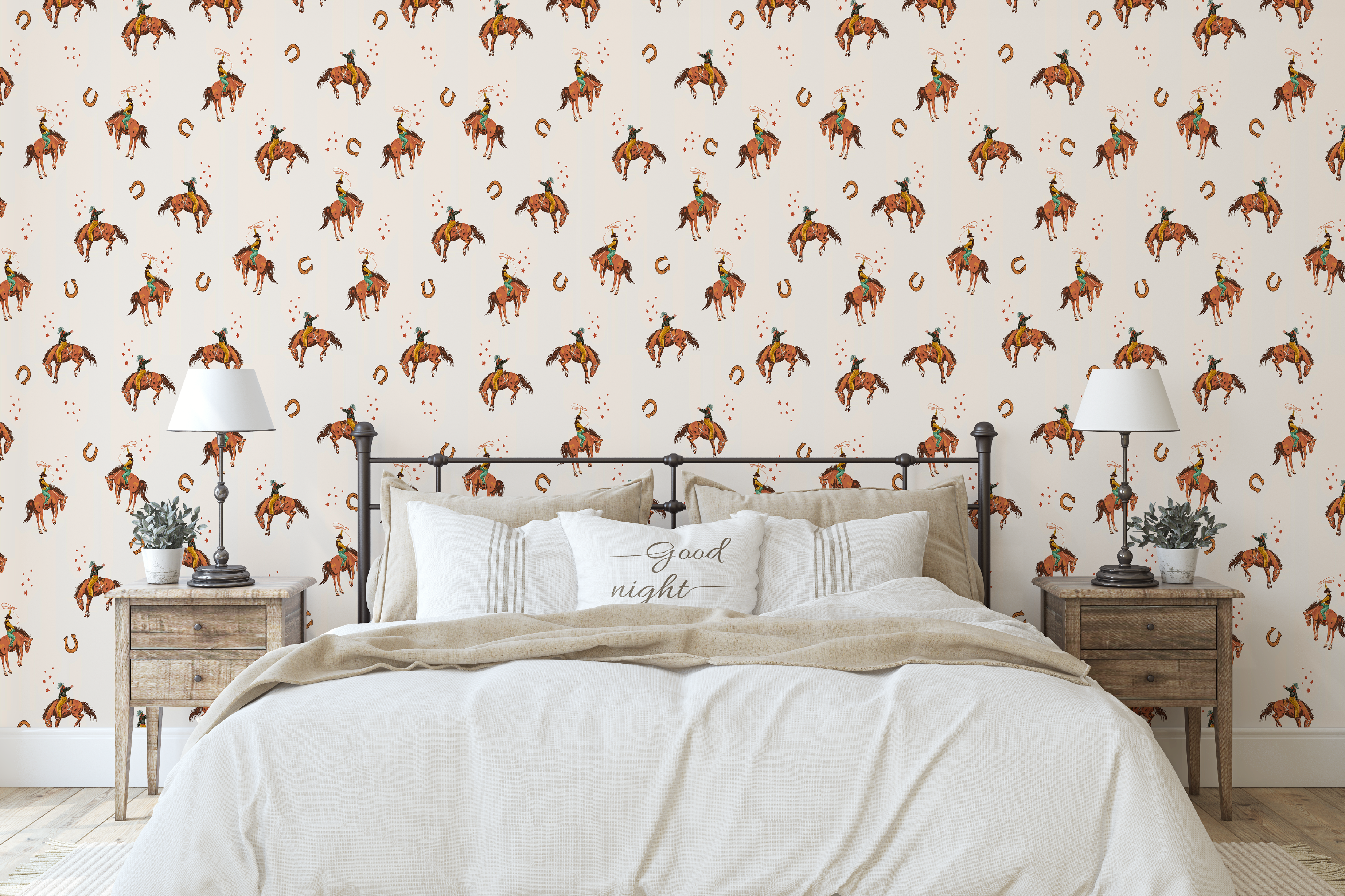 Western-themed Bucking Bronco wallpaper in rustic bedroom setting