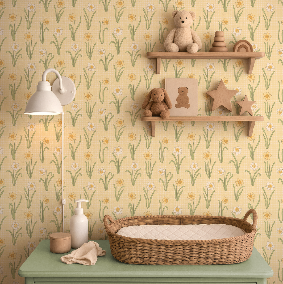 A styled nursery corner featuring floral wallpaper with a repeating daisy and grass pattern on a warm cream background. A wooden bassinet sits on a green dresser, alongside a white wall lamp, a pump bottle, a small jar, and a soft cloth.