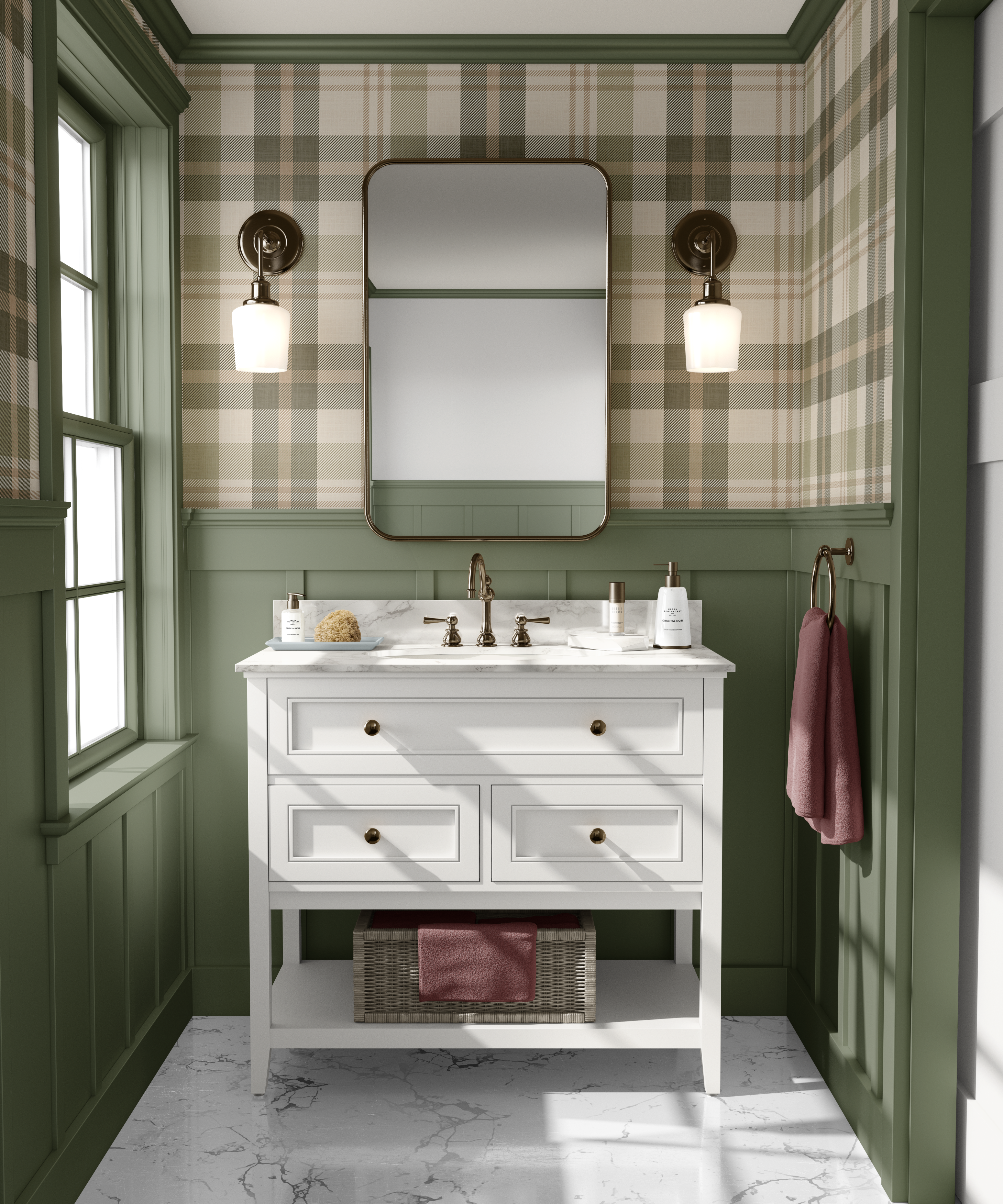 Cambridge Plaid removable wallpaper in a green bathroom with classic plaid walls and white vanity