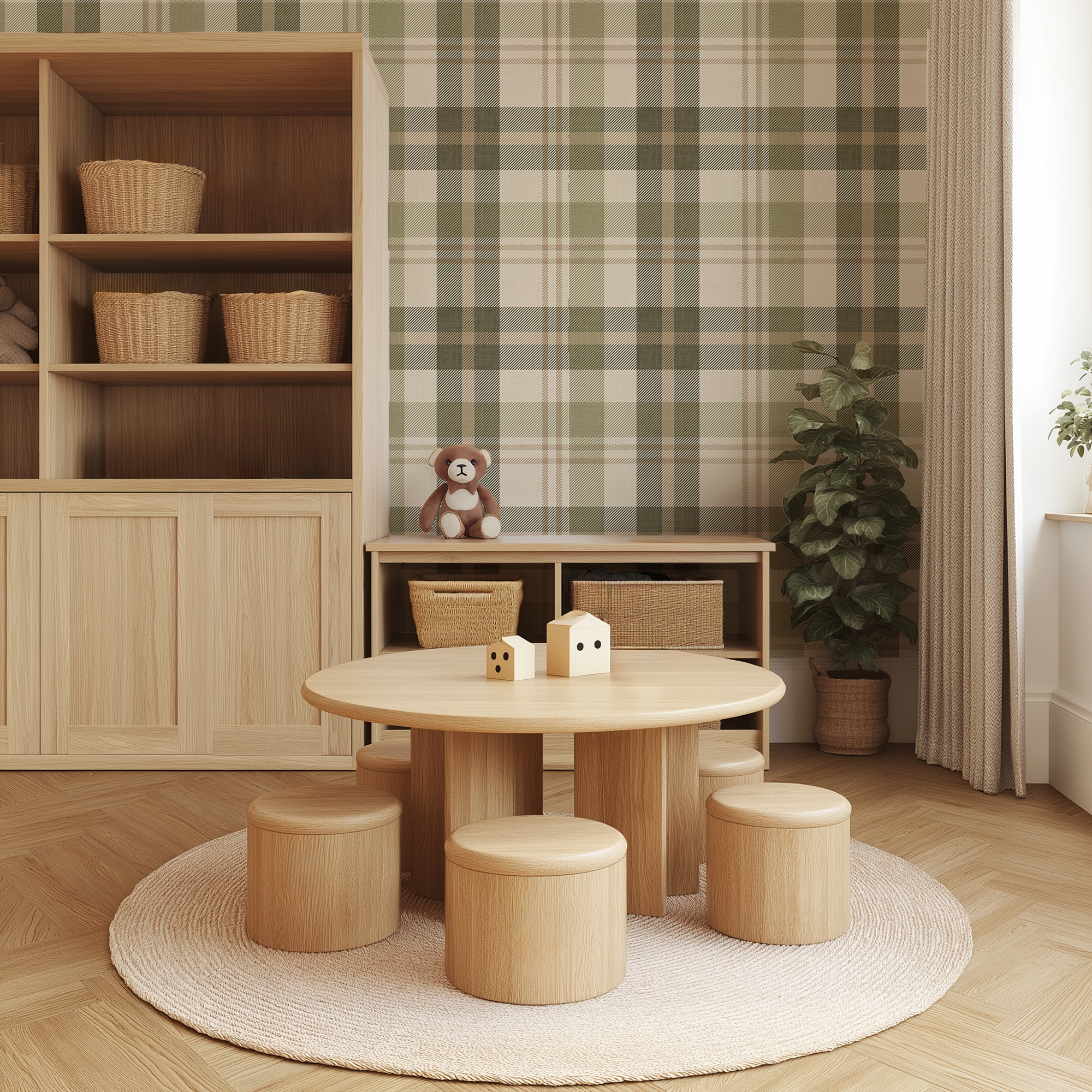 Cambridge Plaid green plaid wallpaper in a modern playroom with natural wood furniture and neutral decor