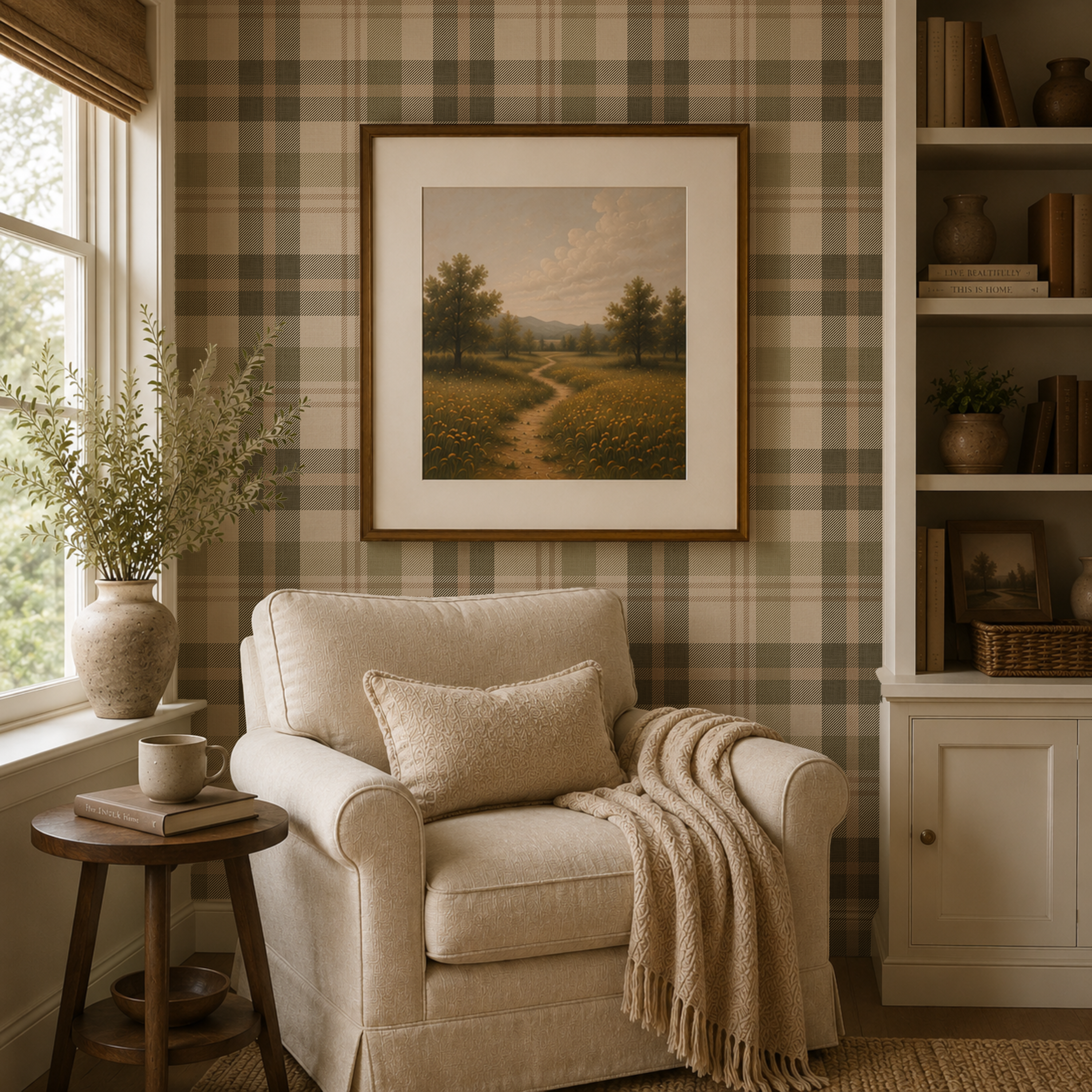 Cambridge Plaid peel and stick wallpaper in a cozy reading nook with neutral furniture and cottage decor