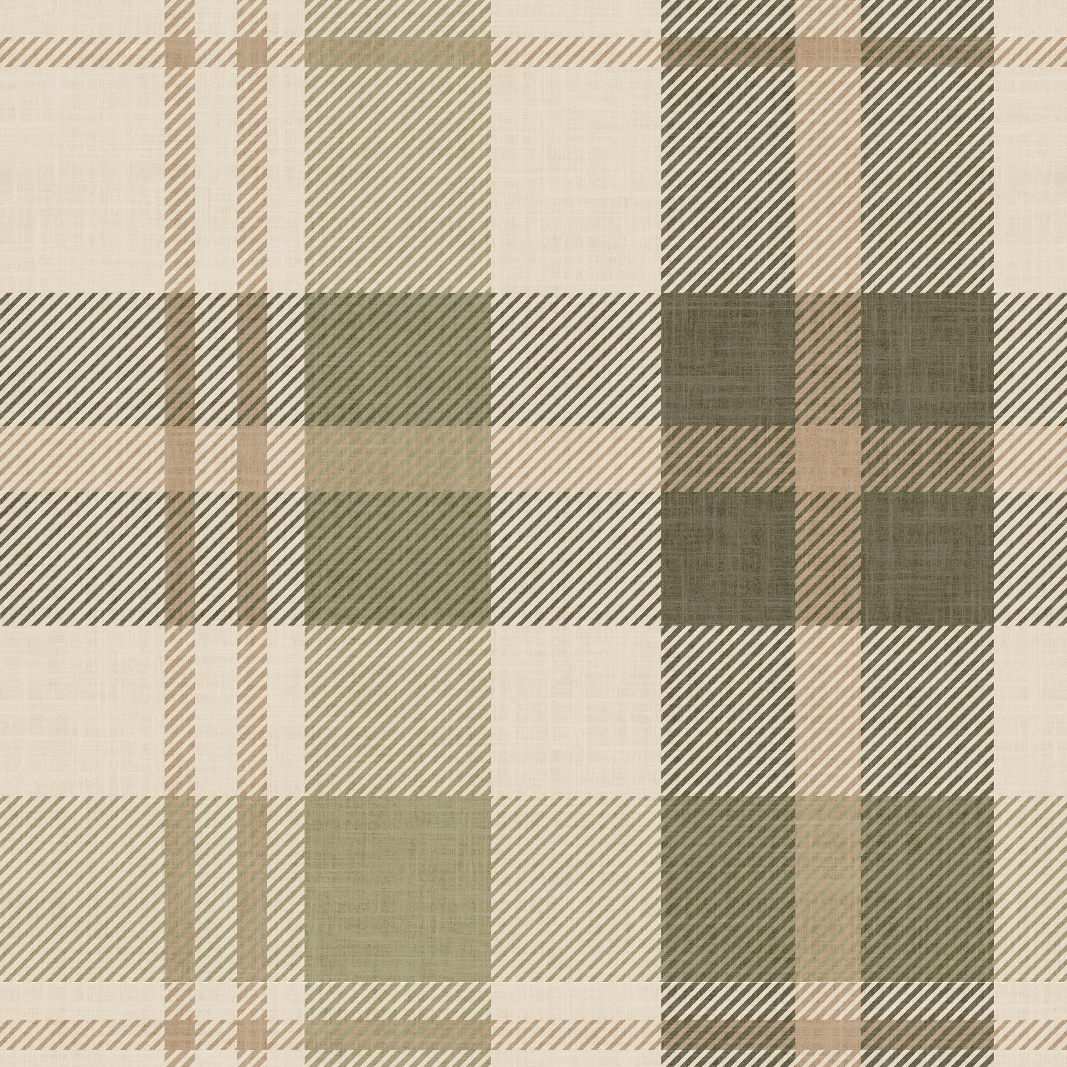 Cambridge Plaid wallpaper sample featuring green, beige and cream tartan plaid with subtle linen texture