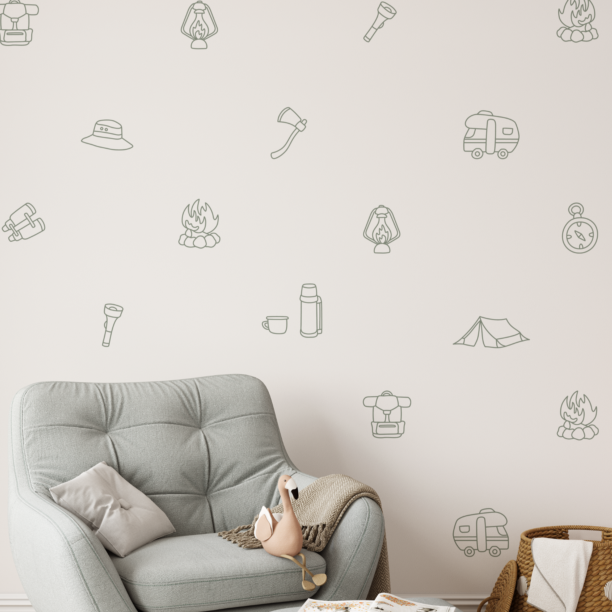 Pastel kids room with soft furnishings featuring removable camping wall decals in a neutral green outline.